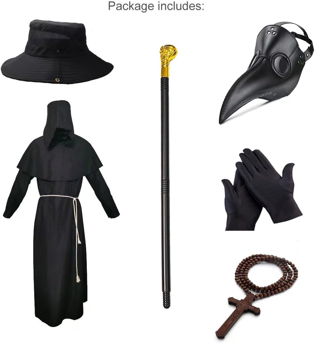 Nicexx Plague Doctor Mask Costumes Set 6 in 1 Halloween Beak Mask Plague Dr Outfit for Adults