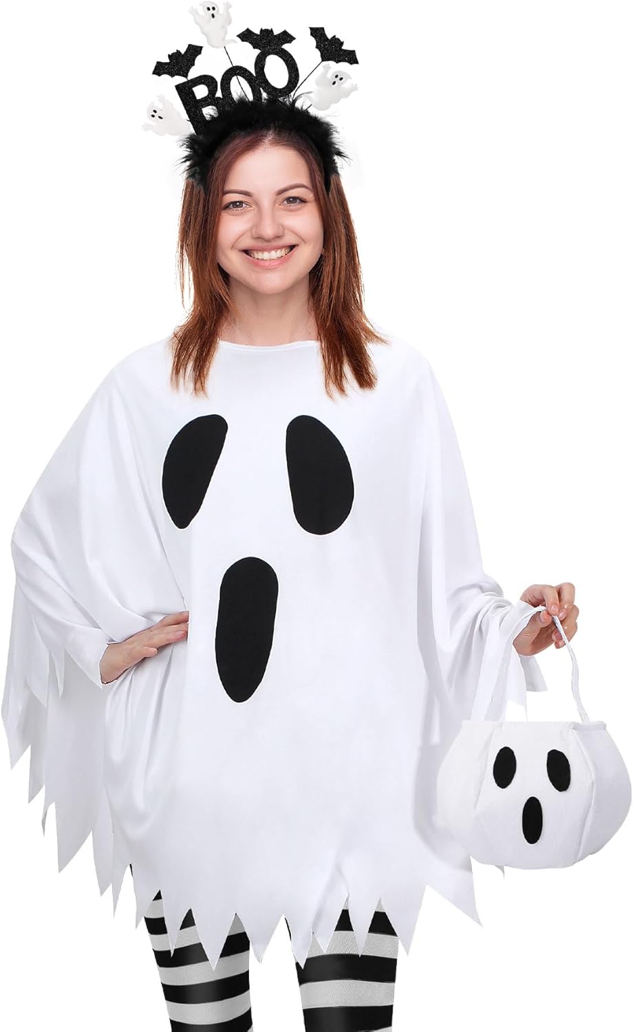 4 Pcs Ghost Costume Adult with Accessories,Ghost Costume Women Poncho/Bag/Headband/Tights Halloween Cosplay