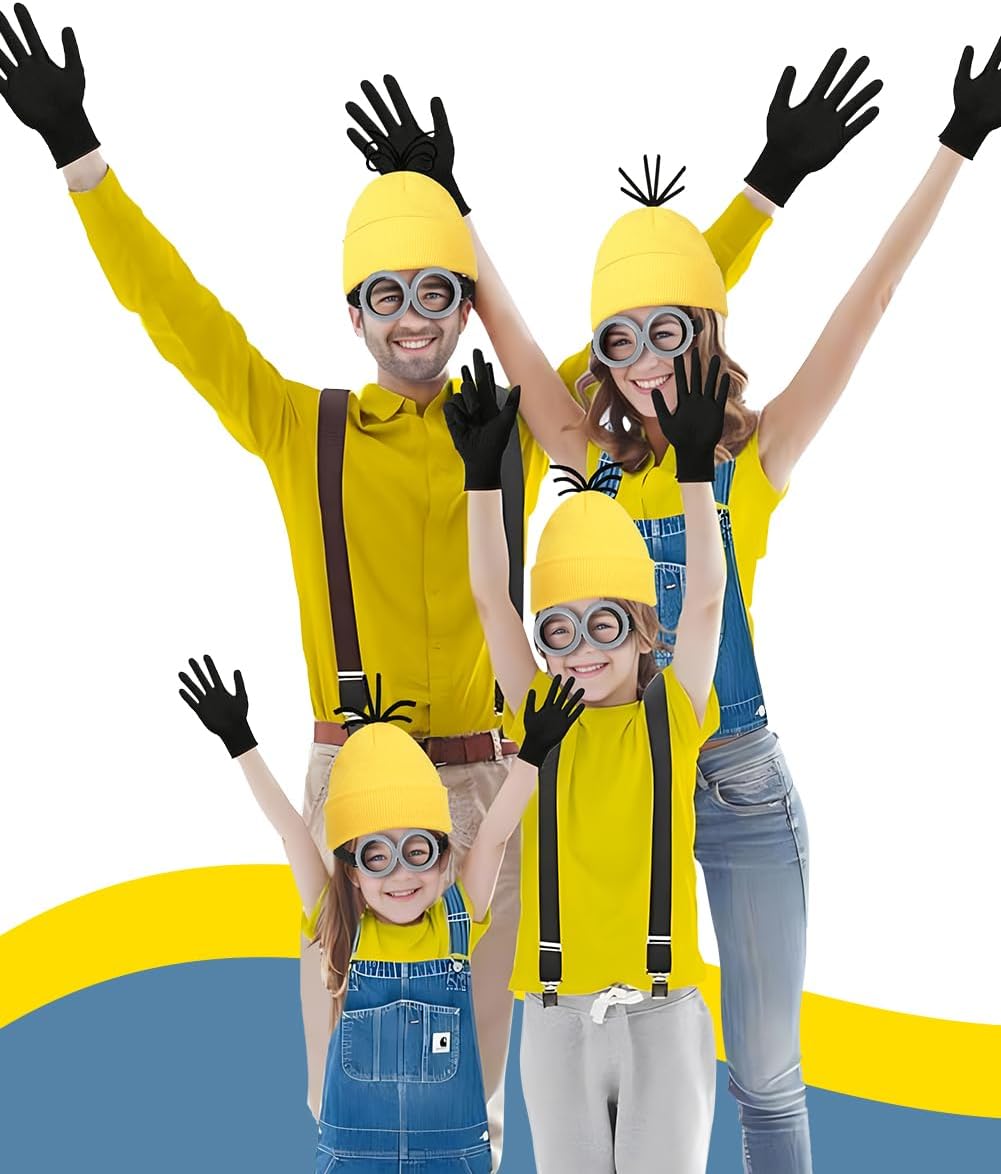 Halloween Costume Adult Accessories,Yellow Beanie Goggles Glasses Gloves for Men Women Cosplay Party Set