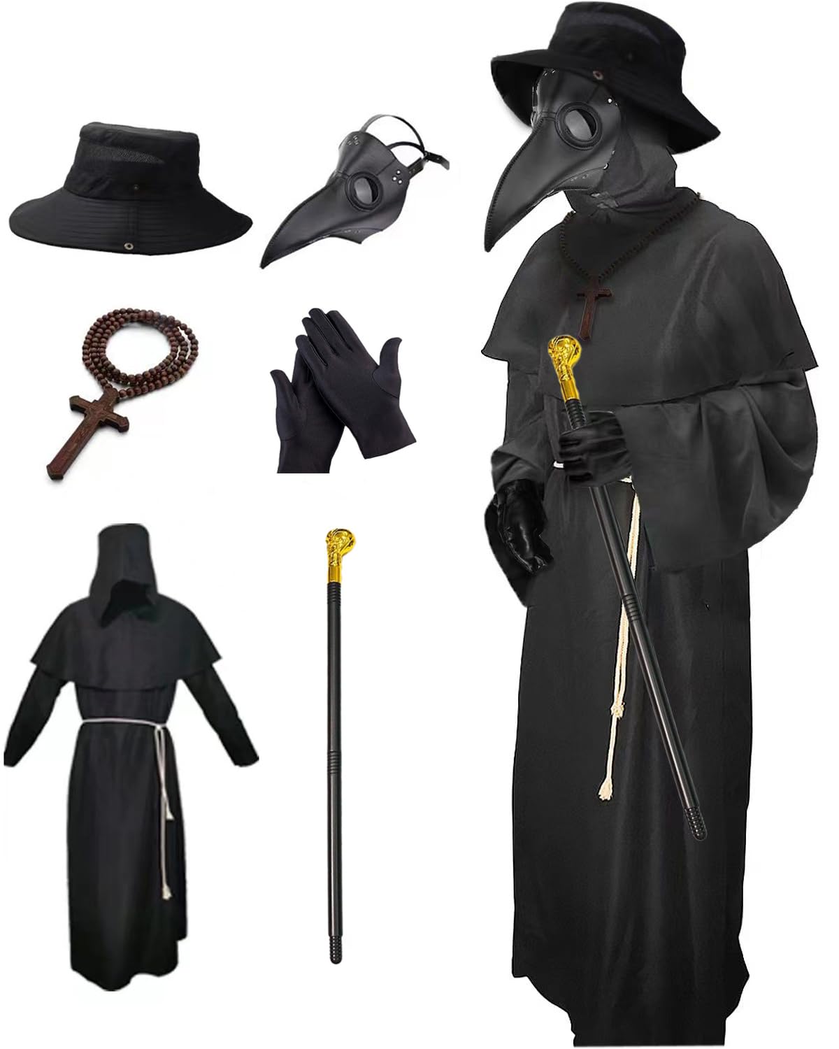 Nicexx Plague Doctor Mask Costumes Set 6 in 1 Halloween Beak Mask Plague Dr Outfit for Adults