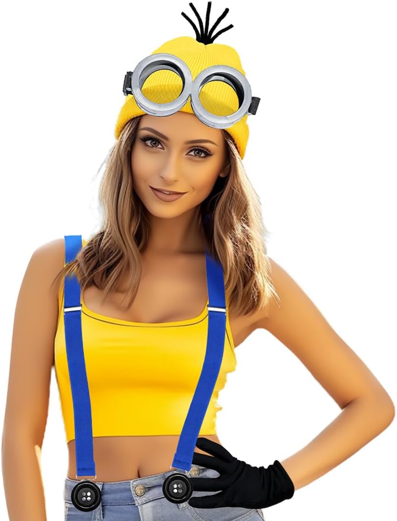 MOVINPE Halloween Costume Accessories, Yellow Beanie Hats Steampunk Goggles Glasses Elastic Suspenders Gloves Buttons Halloween Cosplay Party Set