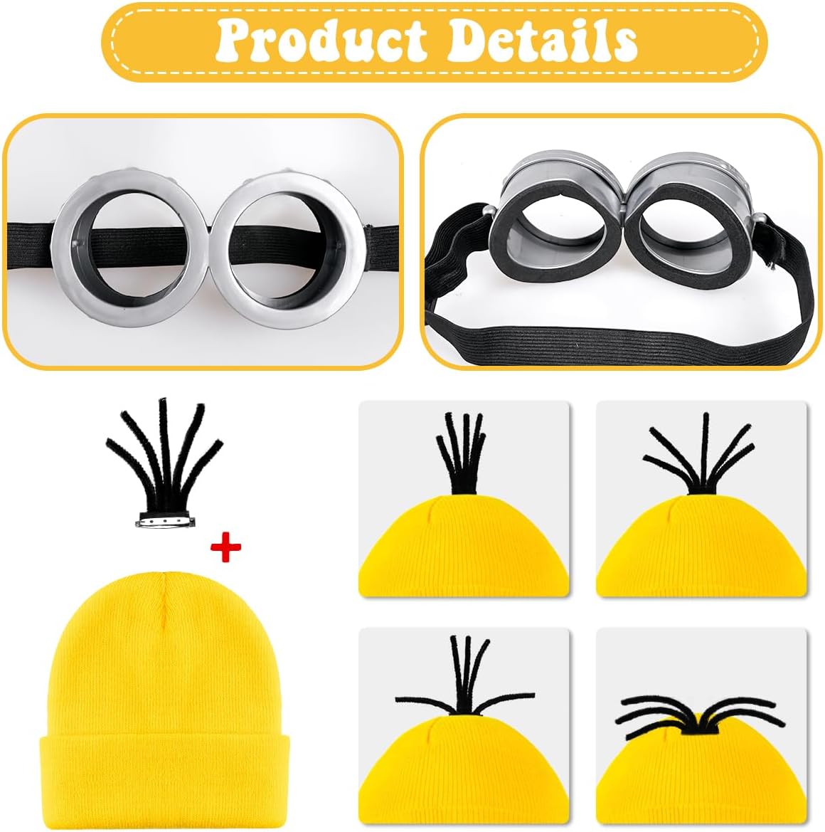 MOVINPE Halloween Costume Accessories, Yellow Beanie Hats Steampunk Goggles Glasses Elastic Suspenders Gloves Buttons Halloween Cosplay Party Set