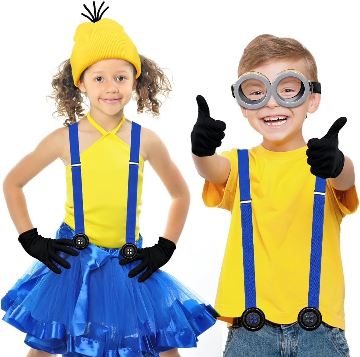 MOVINPE Halloween Costume Accessories, Yellow Beanie Hats Steampunk Goggles Glasses Elastic Suspenders Gloves Buttons Halloween Cosplay Party Set