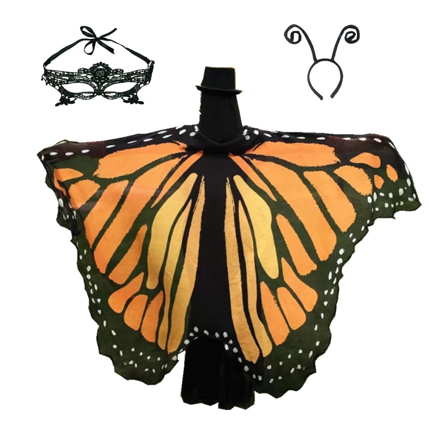 Halloween Costumes for Women Adult Butterfly Costumes Wing Cape Shawl 3Pcs with Lace Mask and Black Velvet Antenna Headband