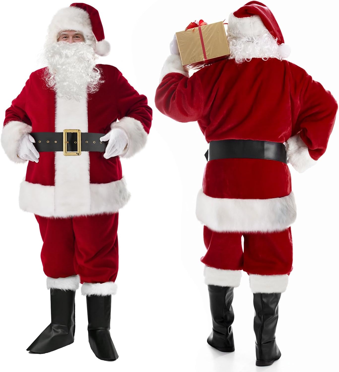 SOMOYA Christmas Santa Claus Costume with Beards Santa Suit Adult Men Deluxe 9PCS Complete Deluxe Santa Outfit Set Burgundy