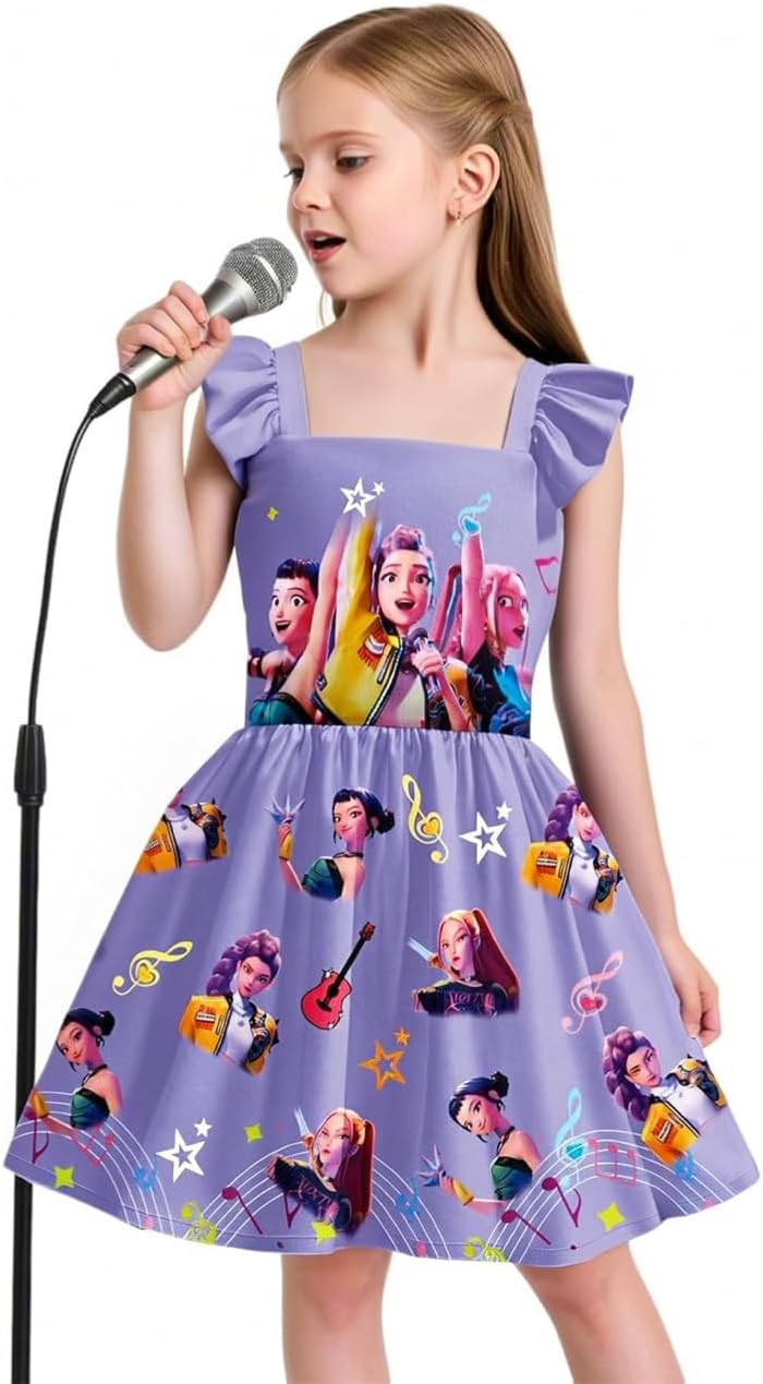 Girls Demon Hunters Costume Flutter Sleeve Dress Halloween Pop Singer Cosplay Dress up