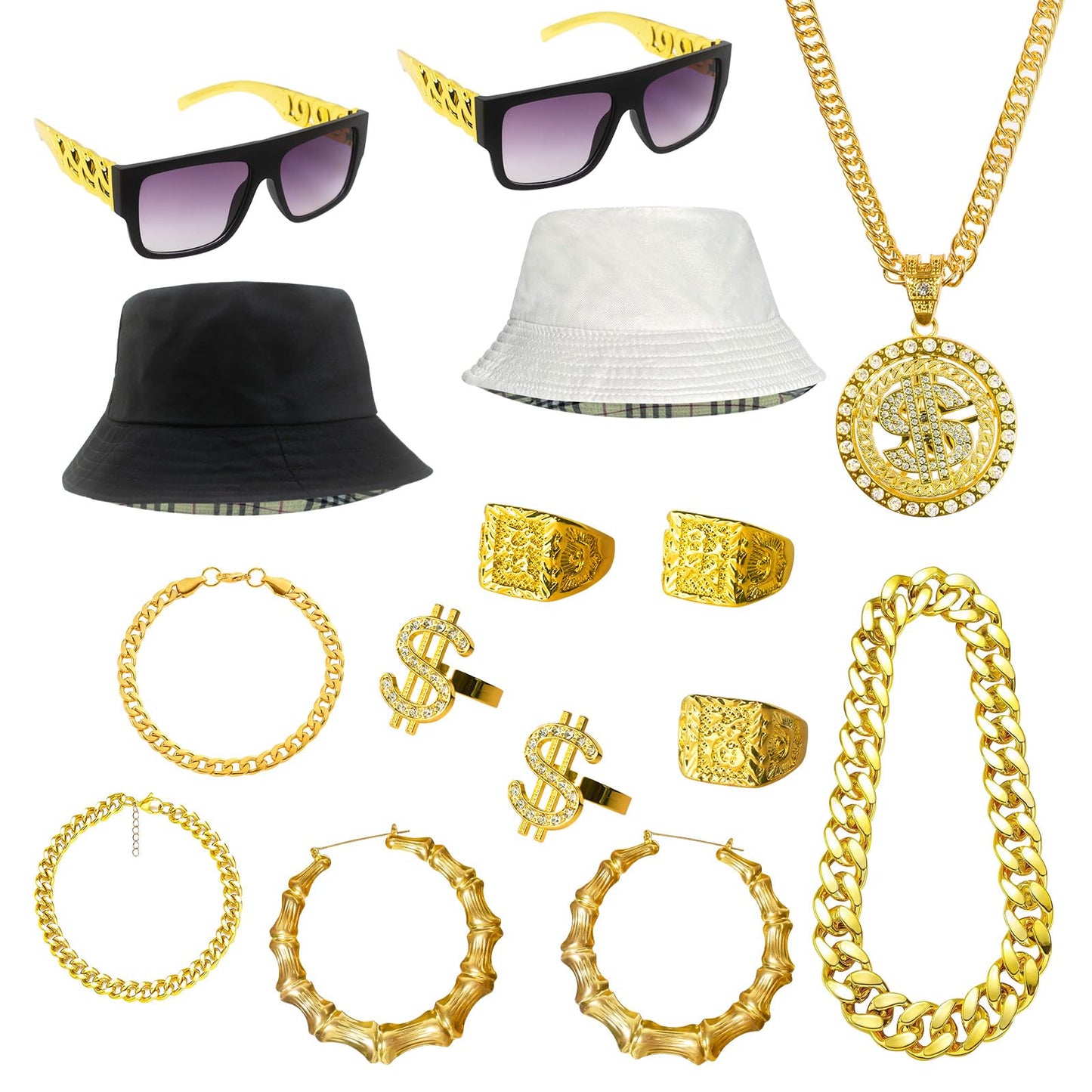 Hip Hop Costume Kit 80s 90s Rapper Accessories, Outfits for Men Women Cosplay Club Old School Themed Party Supplies