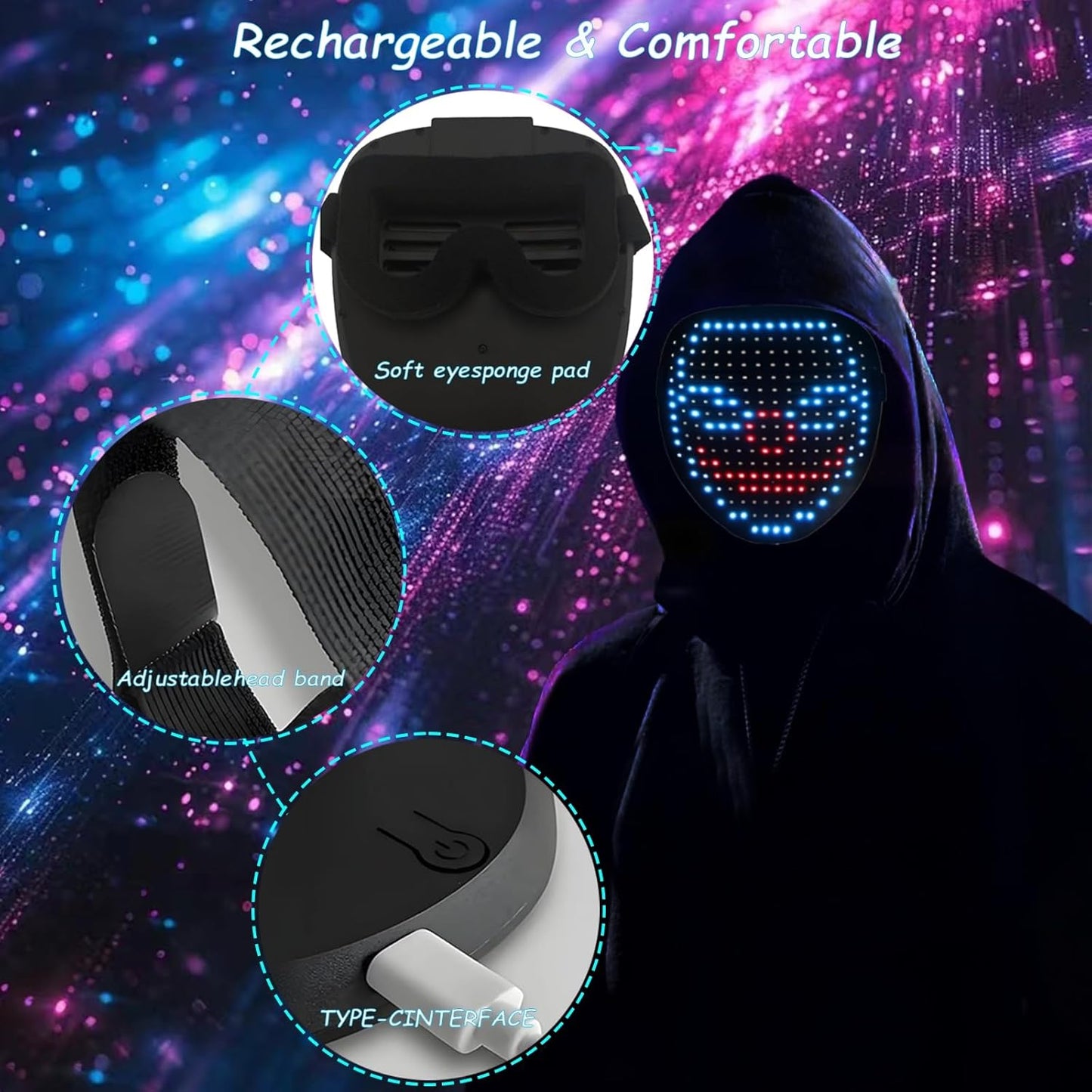 Led Mask Lighted Up Mask - Led Masks with Gesture Sensing Costume for Halloween Costume Cosplay Party Cool Gifts