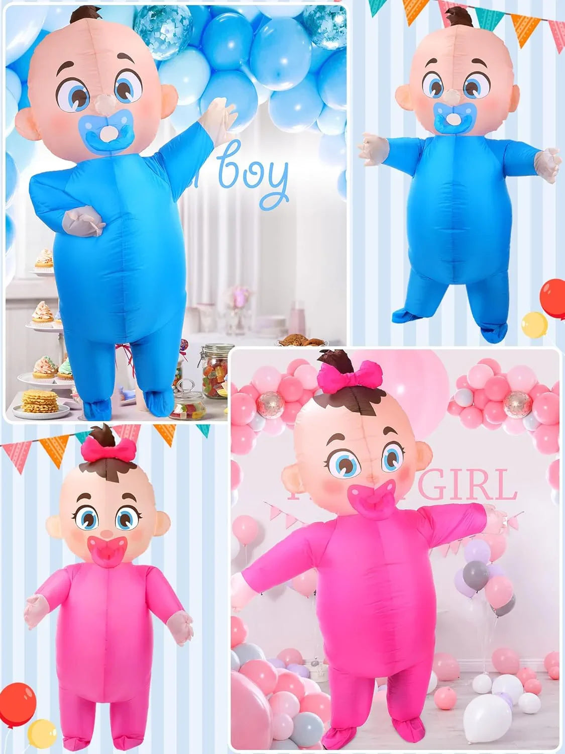 Ramede 2 Pcs Giant Inflatable Baby Costume 96 Inch Gender Reveal Ideas Boy and Girl Blow Costume Outfit for Adult Baby Shower Gender Reveal Party Halloween Christmas Cosplay Supplies