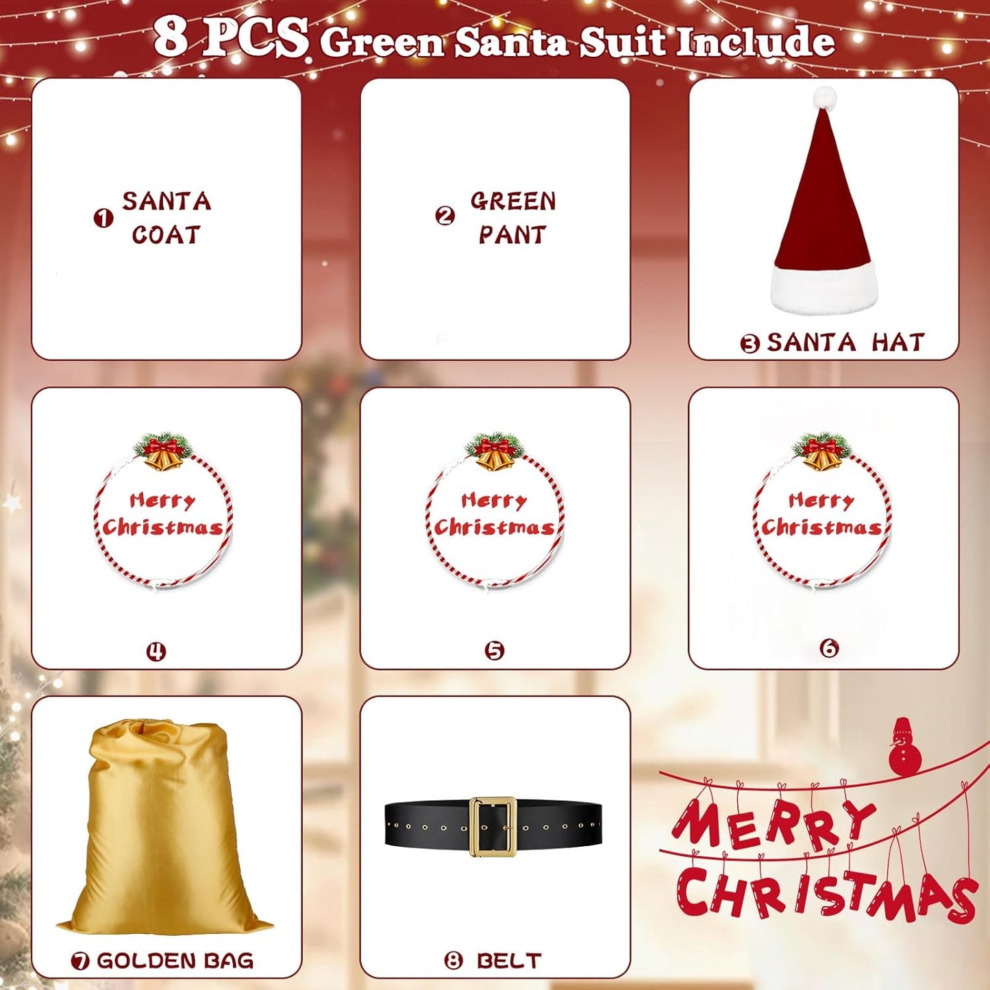 Green Christmas Costume for Men Halloween Costumes Adult Santa Costume 8PCS Deluxe Funny Cosplay Outfit