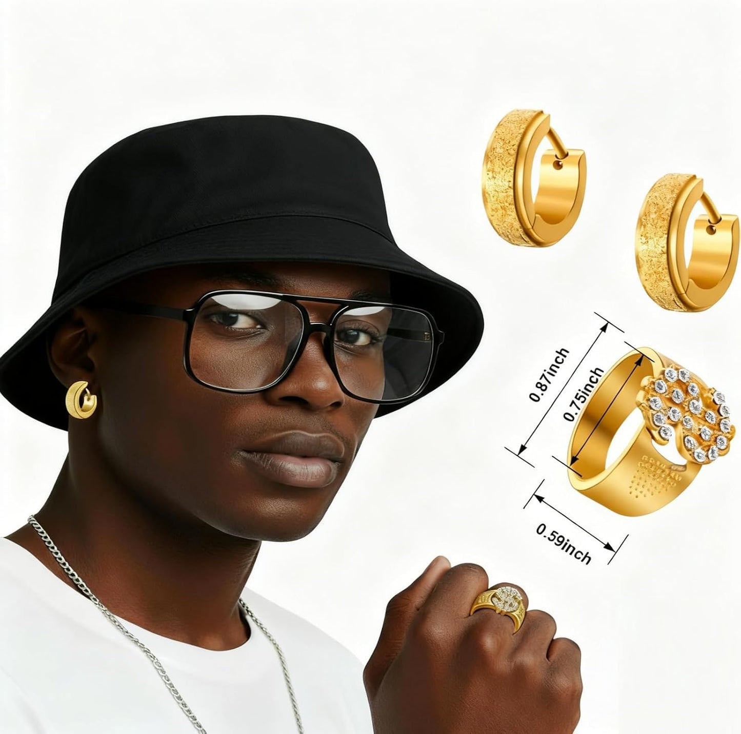 SATINIOR 80s 90s Hip Hop Costume Outfit Kit, 5 Pcs Dollar Chain Necklace Ring Bucket Hat Glasses Earring for Rapper Men Women