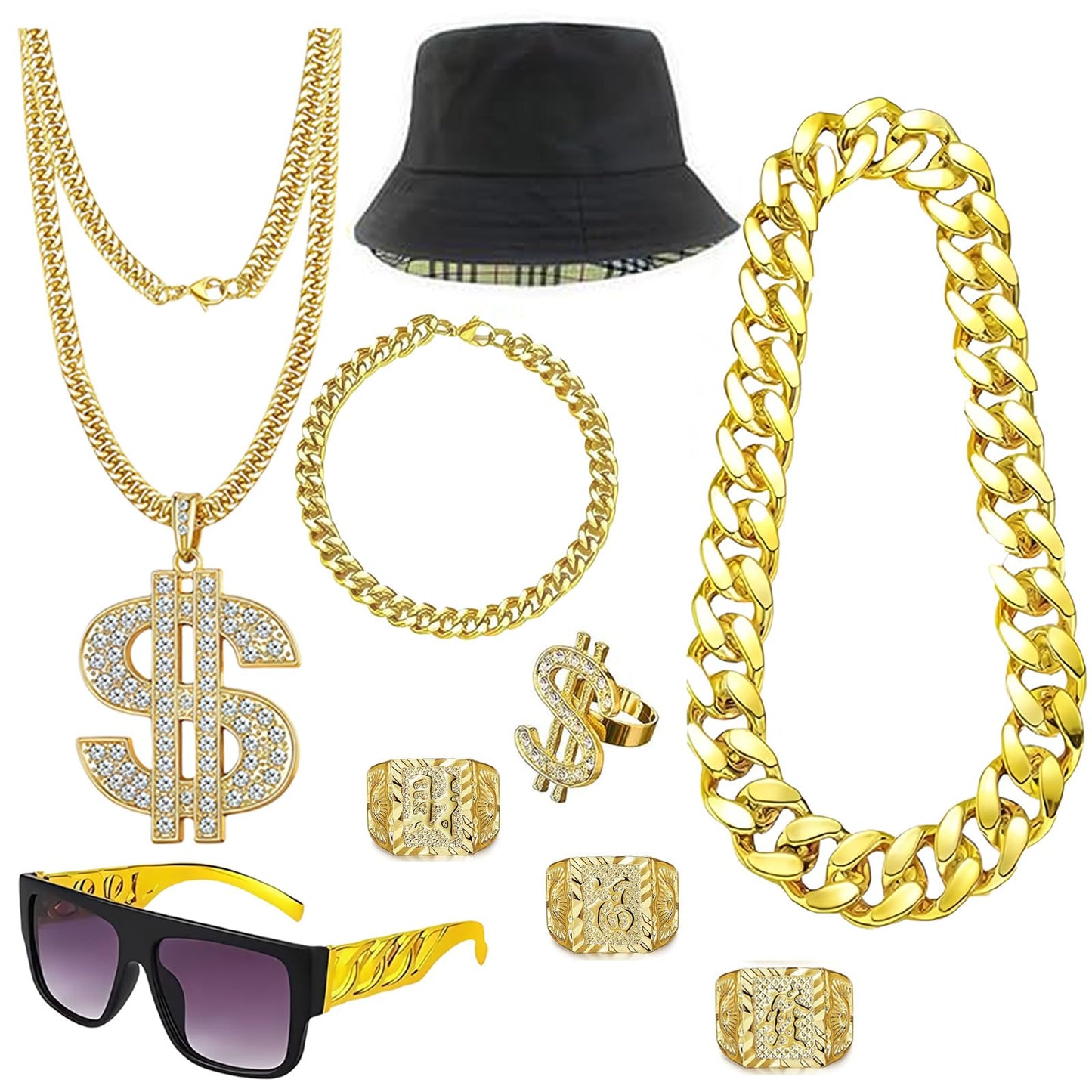 Hip Hop Costume Kit 80s 90s Rapper Accessories, Outfits for Men Women Cosplay Club Old School Themed Party Supplies