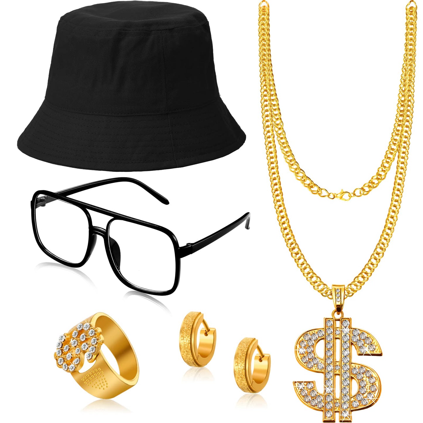 SATINIOR 80s 90s Hip Hop Costume Outfit Kit, 5 Pcs Dollar Chain Necklace Ring Bucket Hat Glasses Earring for Rapper Men Women