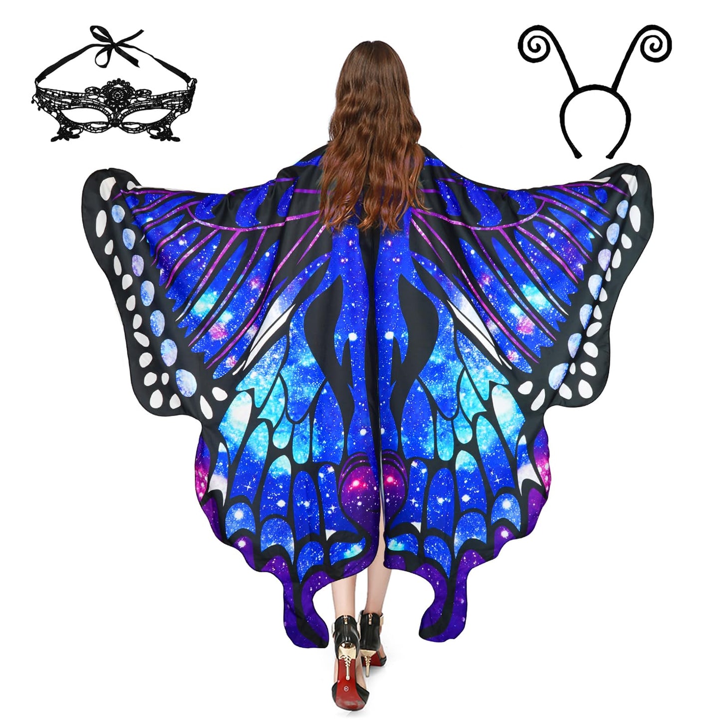 Halloween Costumes for Women Adult Butterfly Costumes Wing Cape Shawl 3Pcs with Lace Mask and Black Velvet Antenna Headband