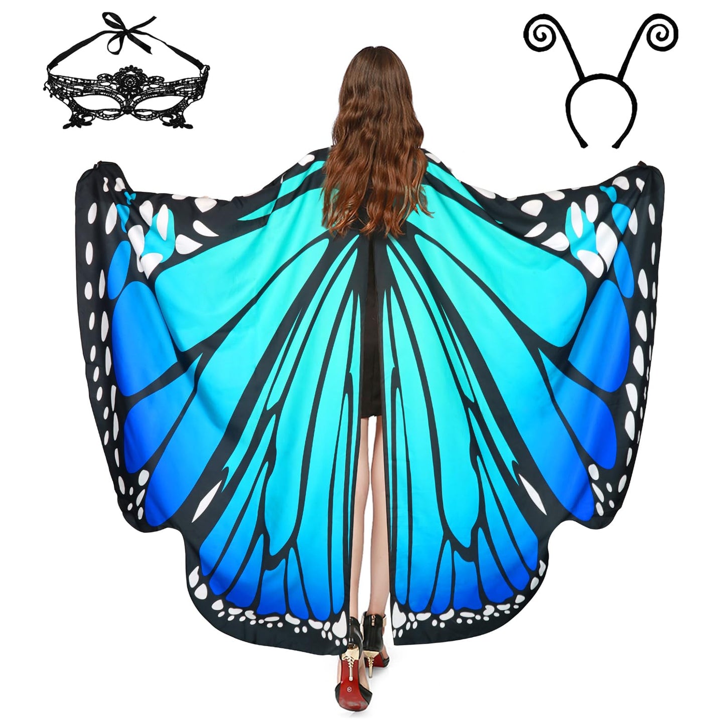Halloween Costumes for Women Adult Butterfly Costumes Wing Cape Shawl 3Pcs with Lace Mask and Black Velvet Antenna Headband