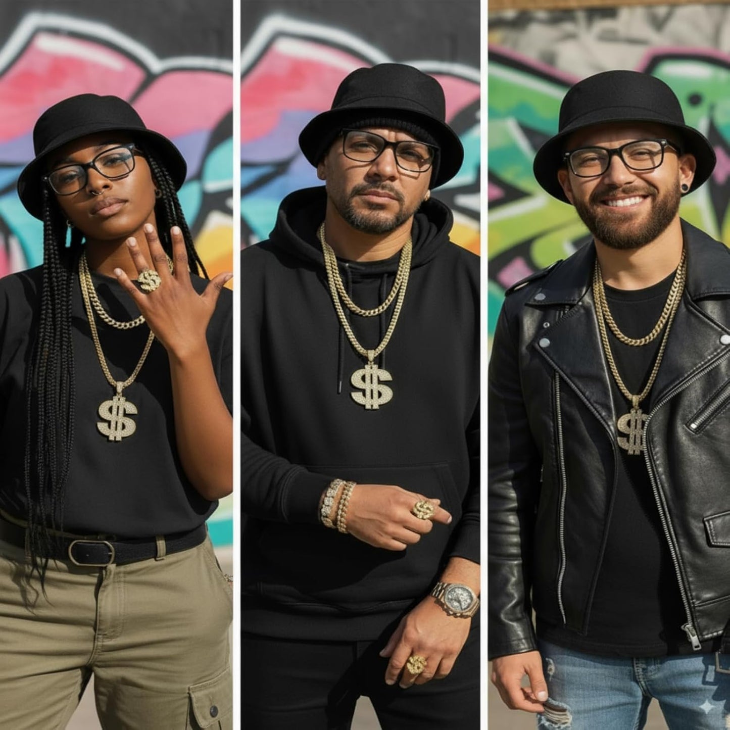 SATINIOR 80s 90s Hip Hop Costume Outfit Kit, 5 Pcs Dollar Chain Necklace Ring Bucket Hat Glasses Earring for Rapper Men Women