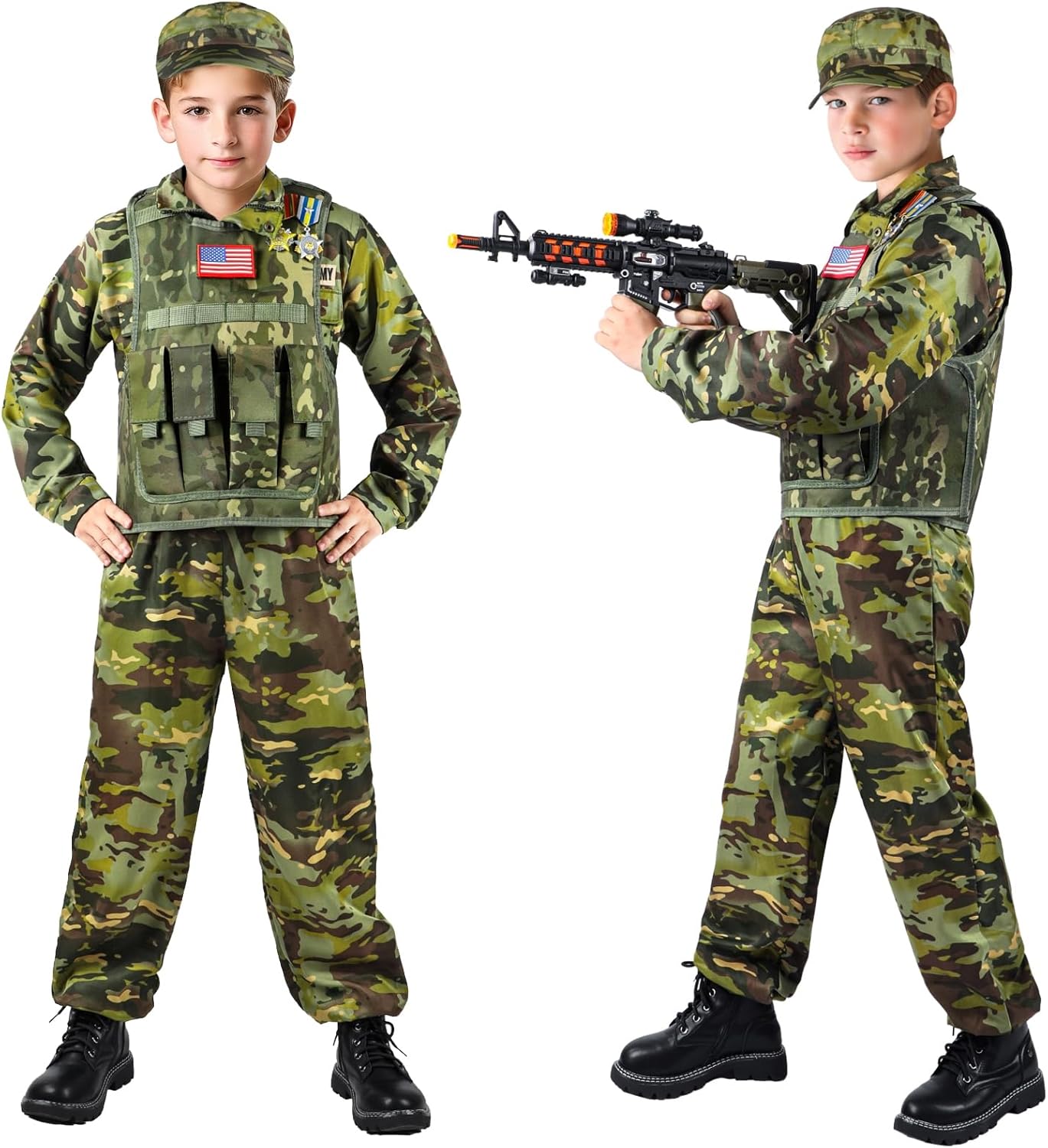 Kids Army Costume for Boys, Military Soldier Costume with Army Toys, Boys Halloween Costume with Vest Solider Boy