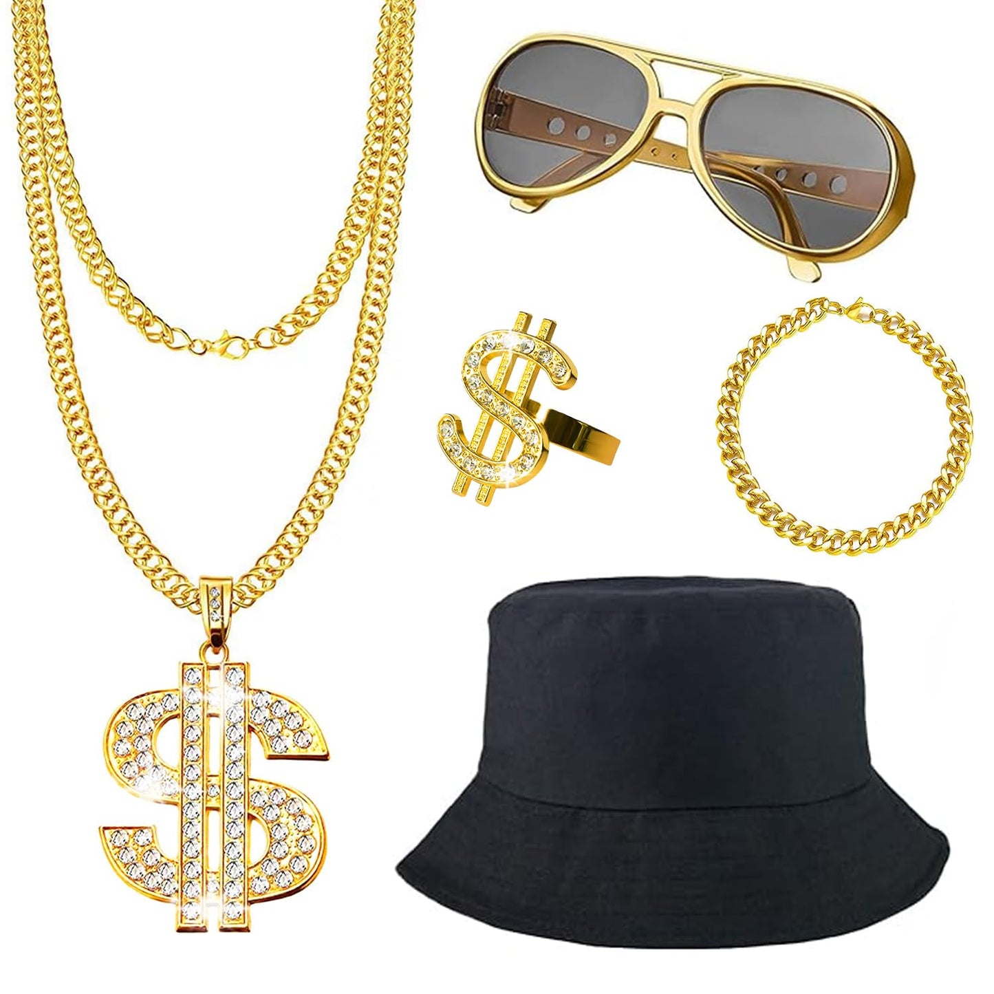 Hip Hop Costume Kit 80s 90s Rapper Accessories, Outfits for Men Women Cosplay Club Old School Themed Party Supplies