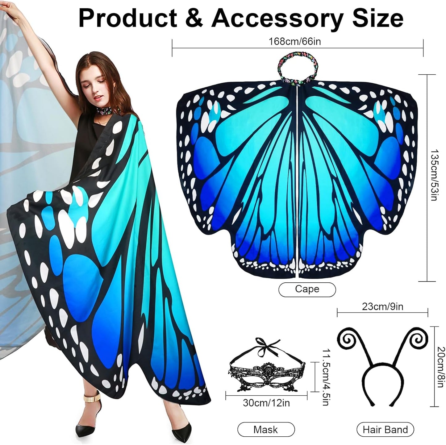 Halloween Costumes for Women Adult Butterfly Costumes Wing Cape Shawl 3Pcs with Lace Mask and Black Velvet Antenna Headband