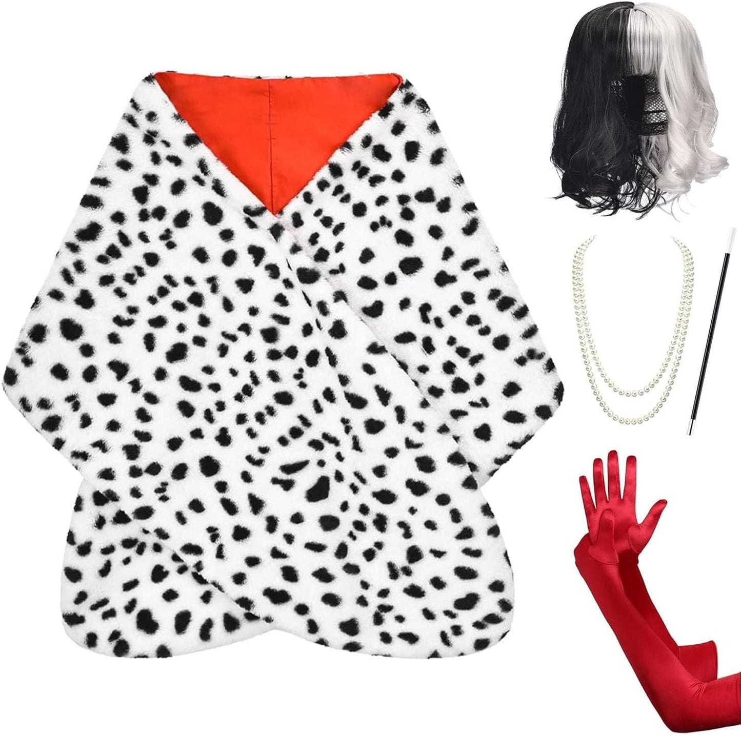 Halloween Costume Women 2025- Dalmatian Shawl, Red Gloves, Necklace and Wig Cap Accessories for Adult (Short Wig)
