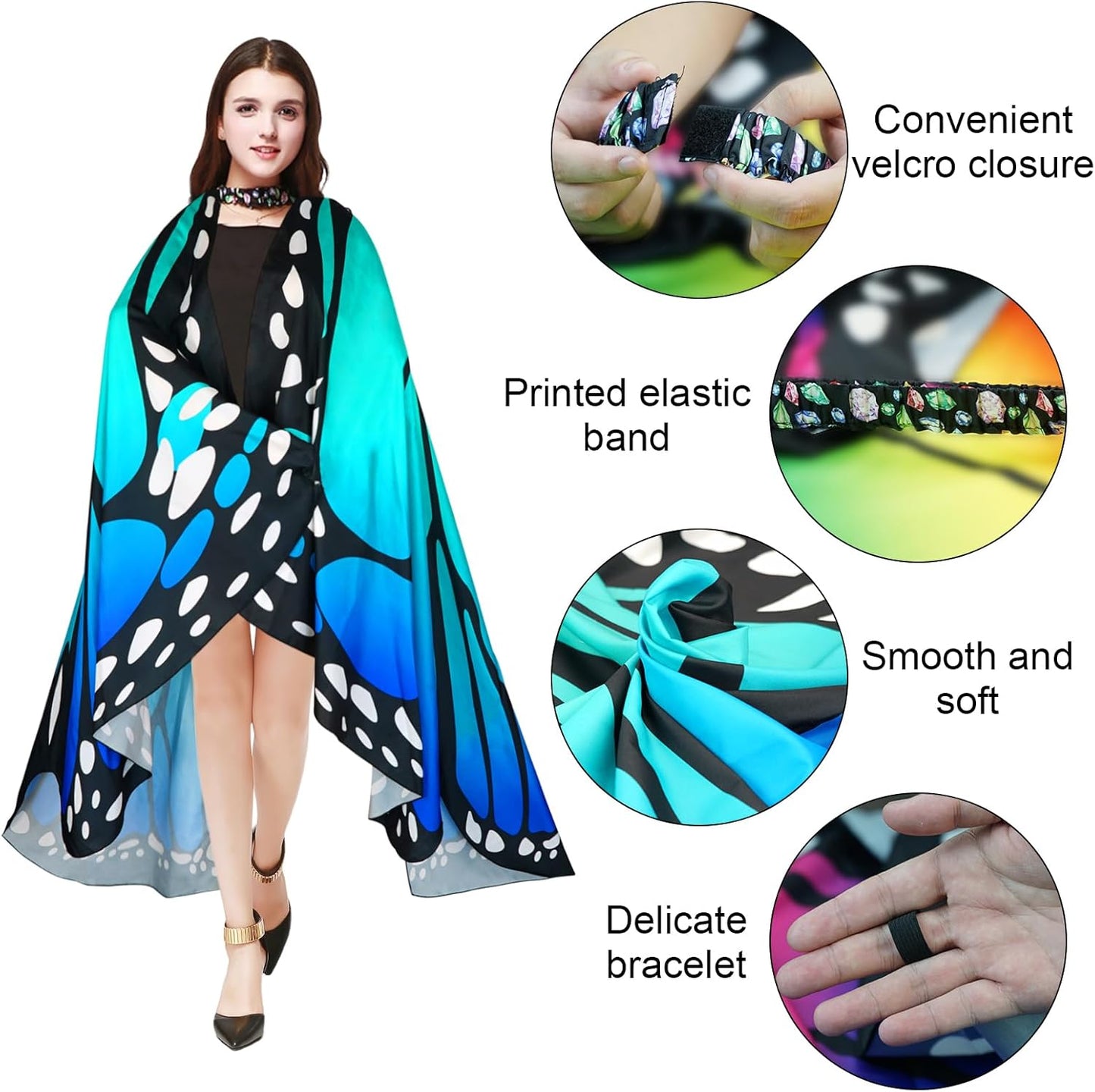 Halloween Costumes for Women Adult Butterfly Costumes Wing Cape Shawl 3Pcs with Lace Mask and Black Velvet Antenna Headband