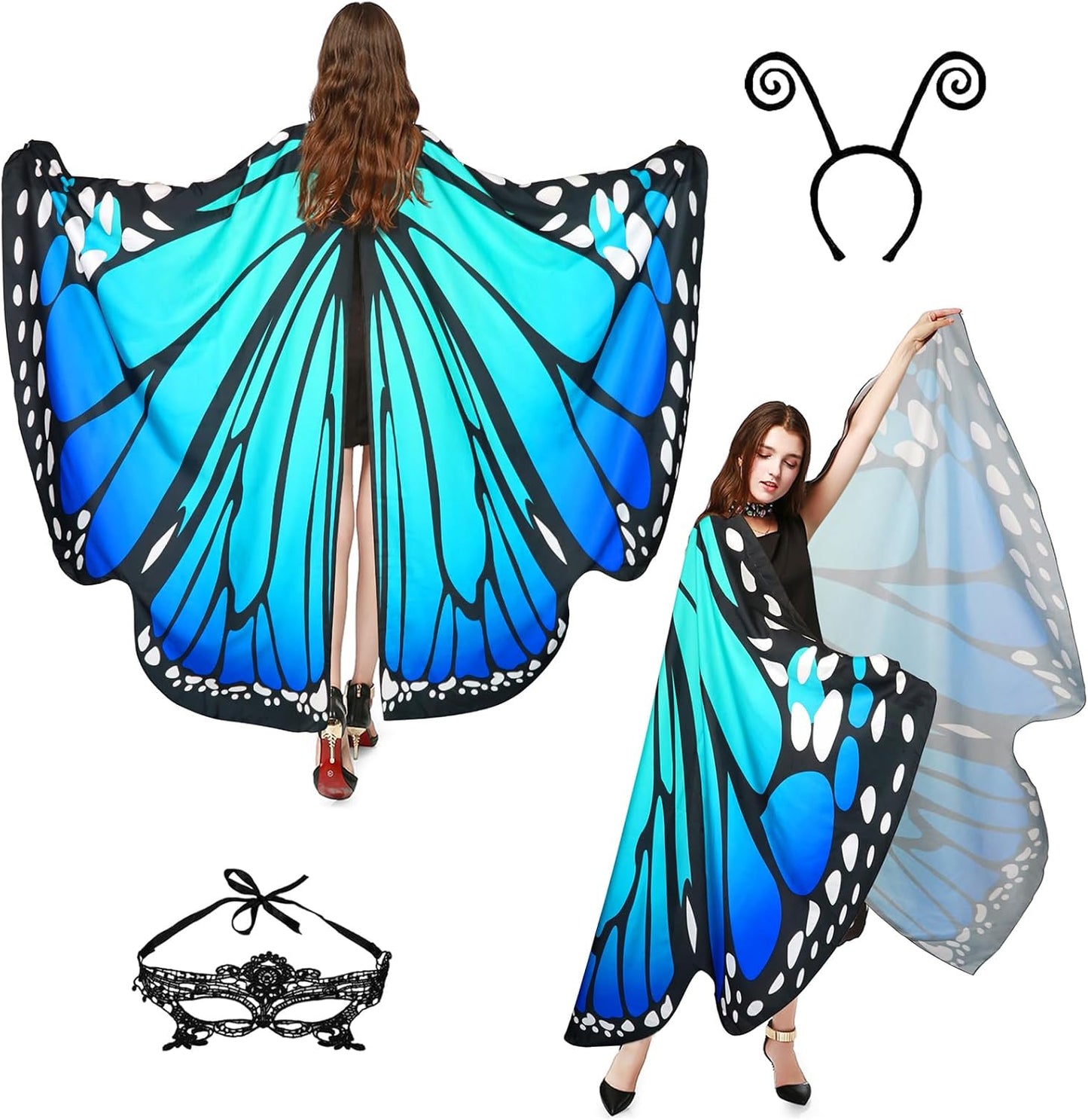 Halloween Costumes for Women Adult Butterfly Costumes Wing Cape Shawl 3Pcs with Lace Mask and Black Velvet Antenna Headband