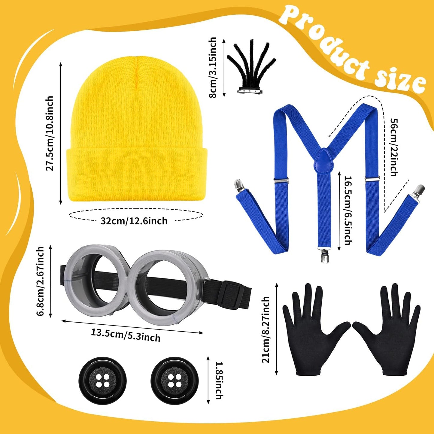 MOVINPE Halloween Costume Accessories, Yellow Beanie Hats Steampunk Goggles Glasses Elastic Suspenders Gloves Buttons Halloween Cosplay Party Set