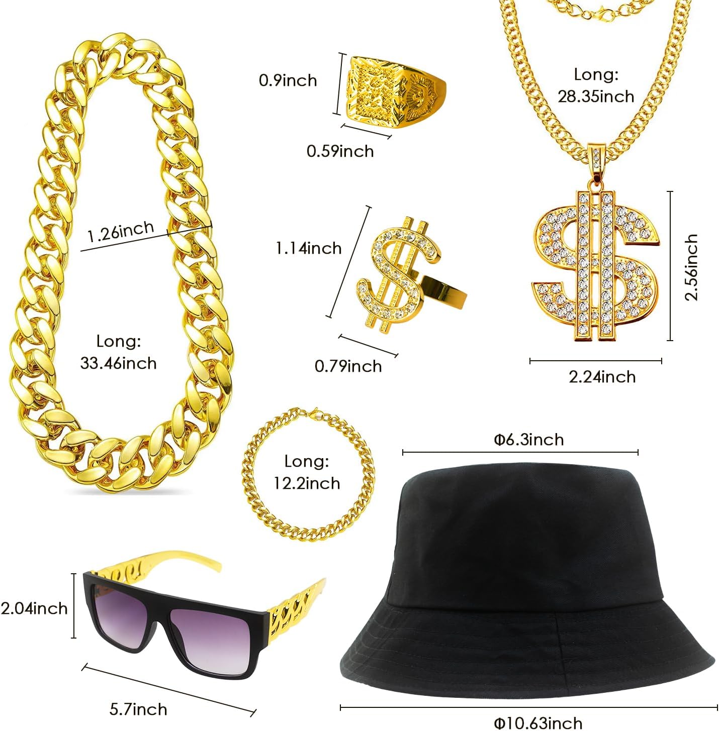 Hip Hop Costume Kit 80s 90s Rapper Accessories, Outfits for Men Women Cosplay Club Old School Themed Party Supplies