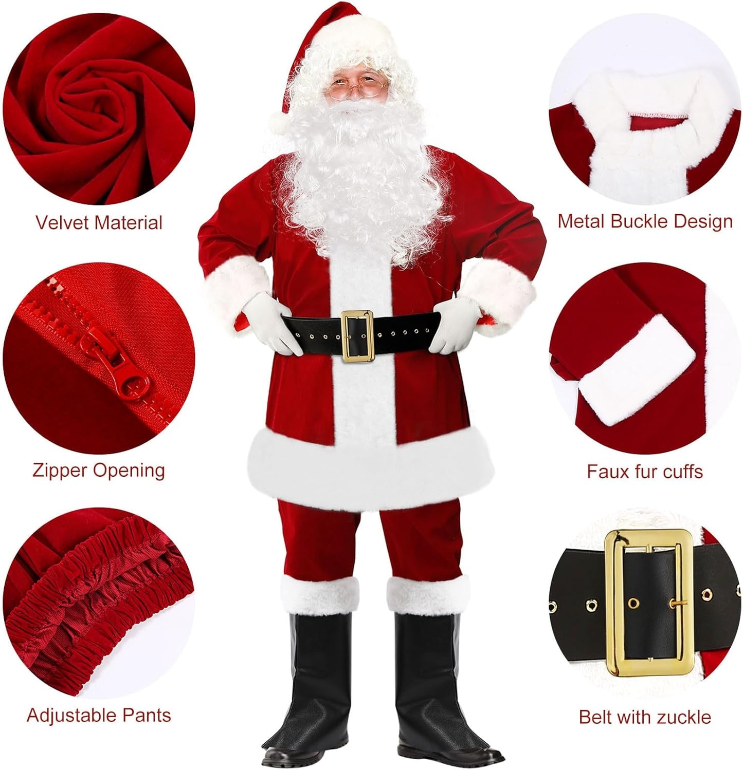 SOMOYA Christmas Santa Claus Costume with Beards Santa Suit Adult Men Deluxe 9PCS Complete Deluxe Santa Outfit Set Burgundy