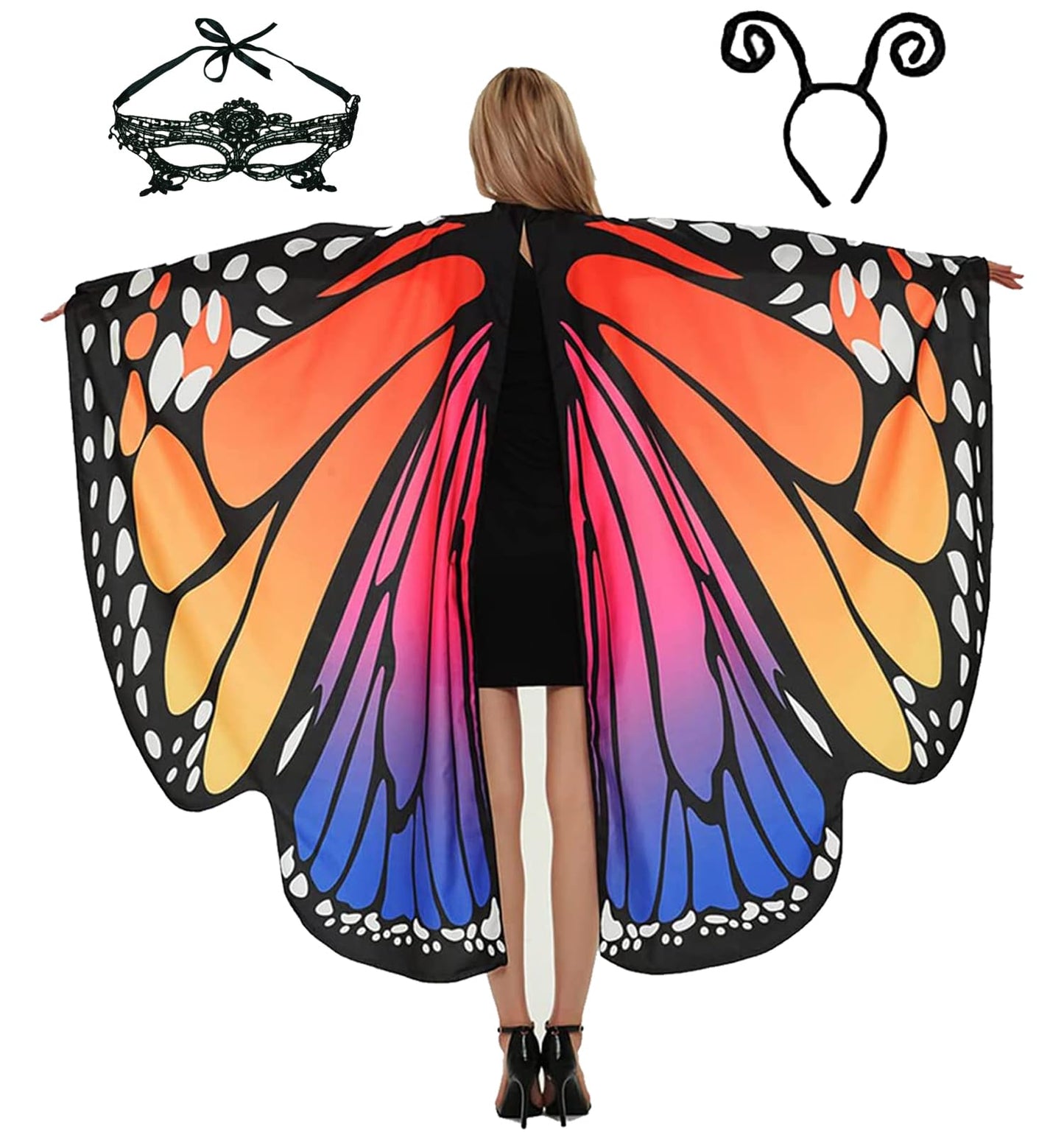 Halloween Costumes for Women Adult Butterfly Costumes Wing Cape Shawl 3Pcs with Lace Mask and Black Velvet Antenna Headband