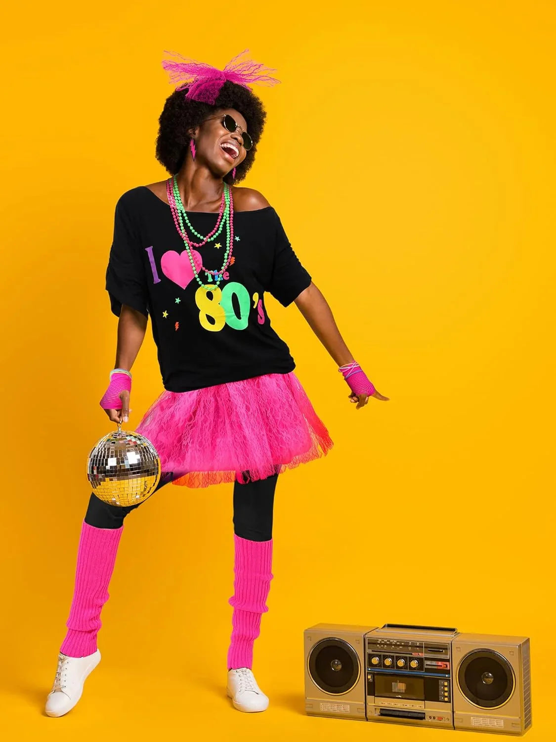 Vabean 19 Pcs 80s Costume Set T Shirt Leggings Tutu Skirt Headband Necklace Bracelets Earrings Gloves Leg Warmers for Women