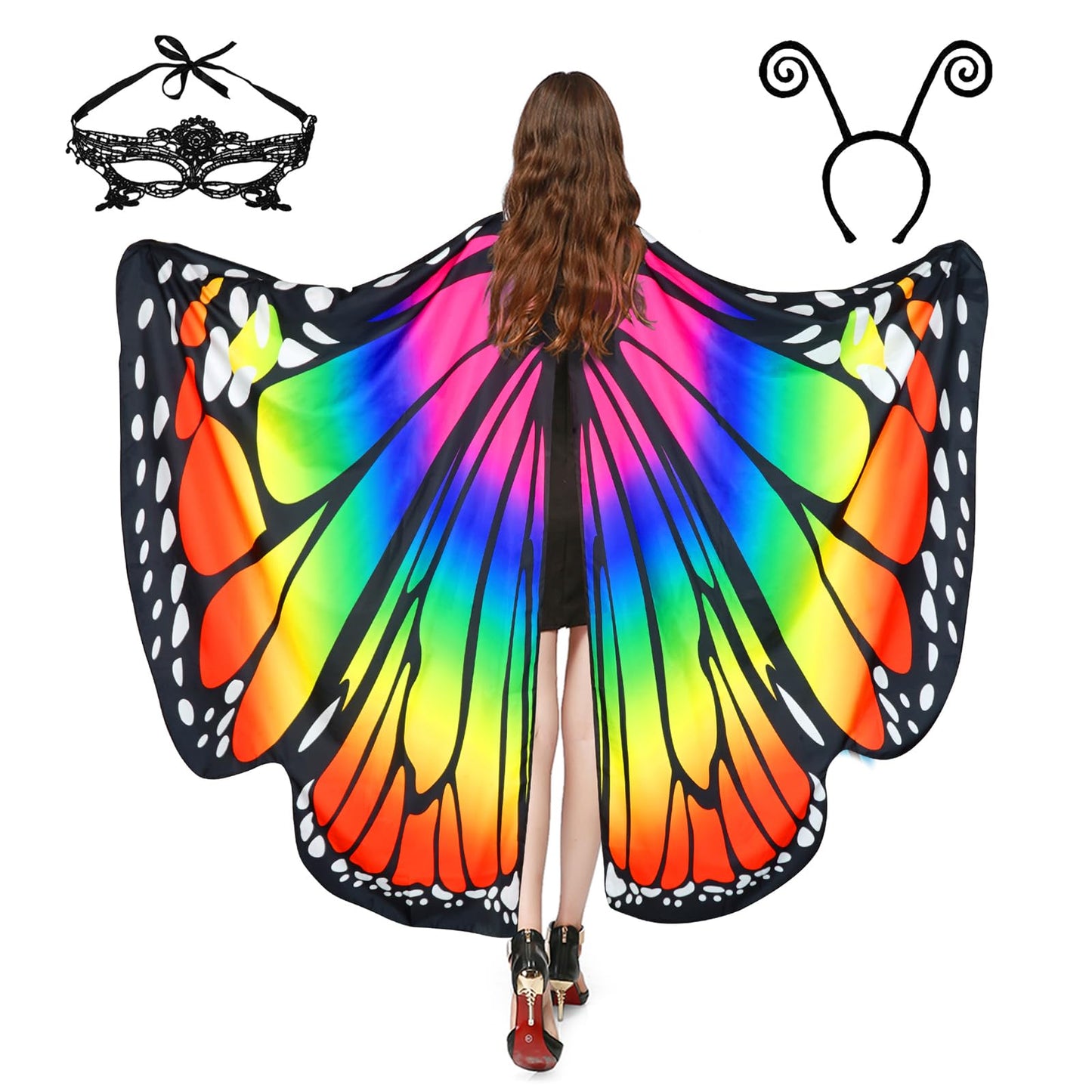 Halloween Costumes for Women Adult Butterfly Costumes Wing Cape Shawl 3Pcs with Lace Mask and Black Velvet Antenna Headband