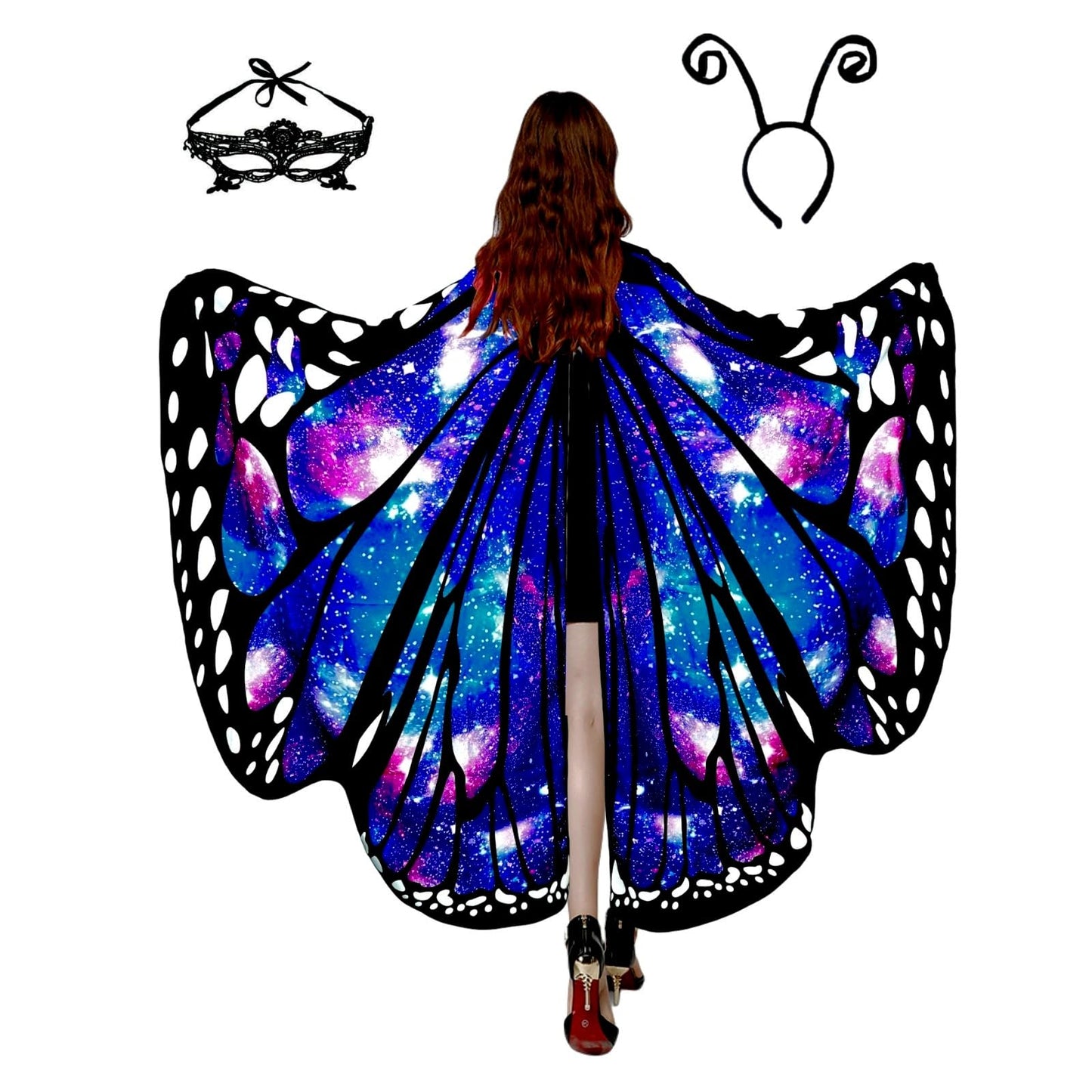 Halloween Costumes for Women Adult Butterfly Costumes Wing Cape Shawl 3Pcs with Lace Mask and Black Velvet Antenna Headband