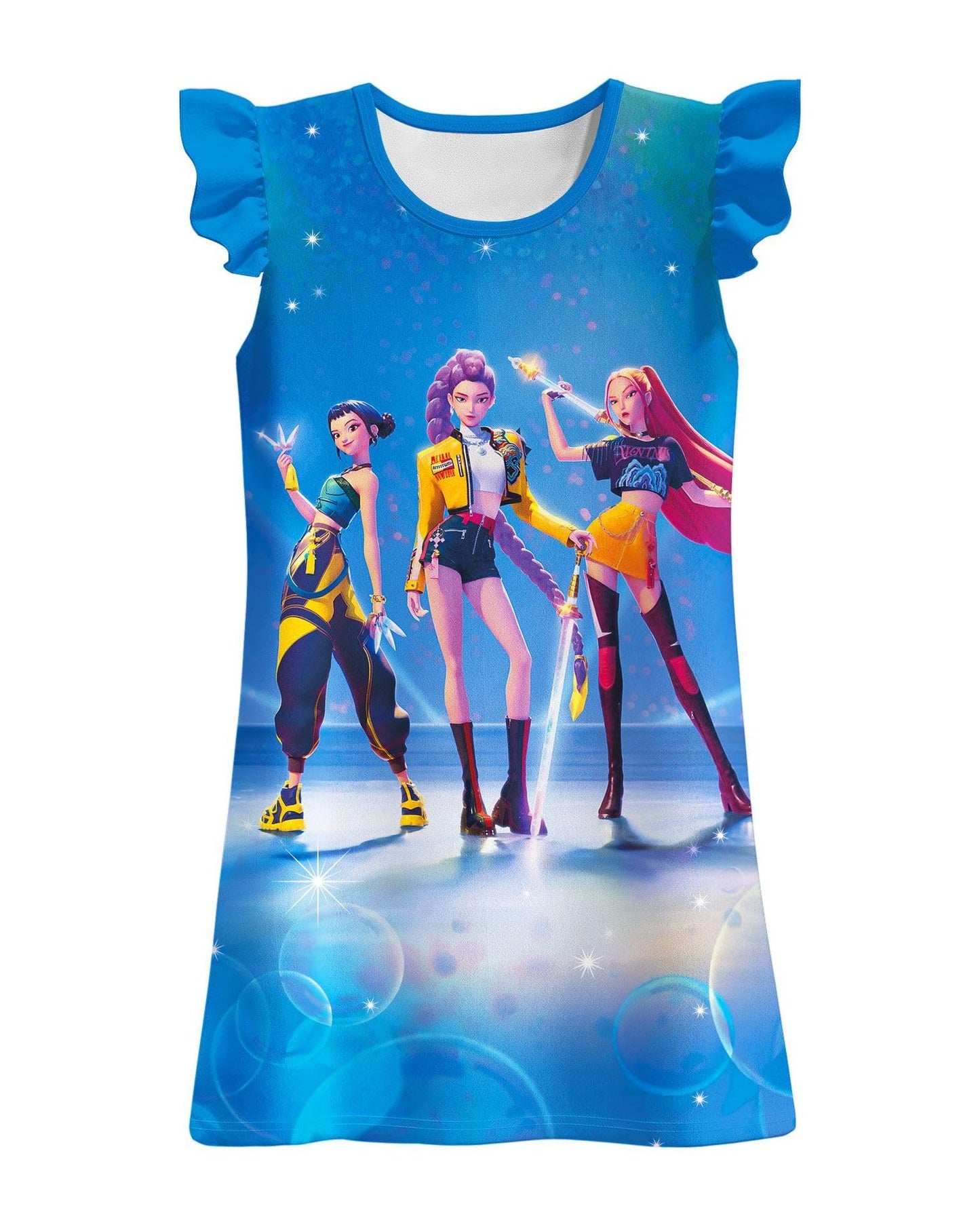 Girls Demon Hunters Costume Flutter Sleeve Dress Halloween Pop Singer Cosplay Dress up