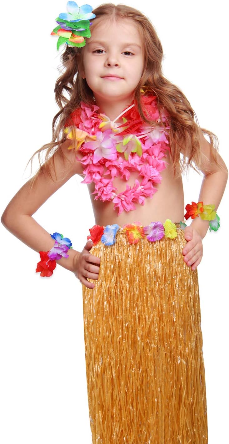 Elcoho 8 Pieces Grass Skirt Sunglasses Leis Necklace Bracelet Set Luau Decorations for Kids and Adults