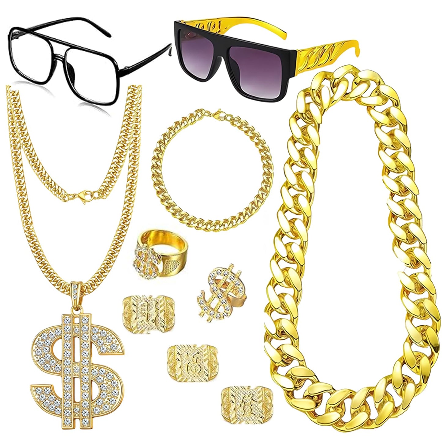 Hip Hop Costume Kit 80s 90s Rapper Accessories, Outfits for Men Women Cosplay Club Old School Themed Party Supplies