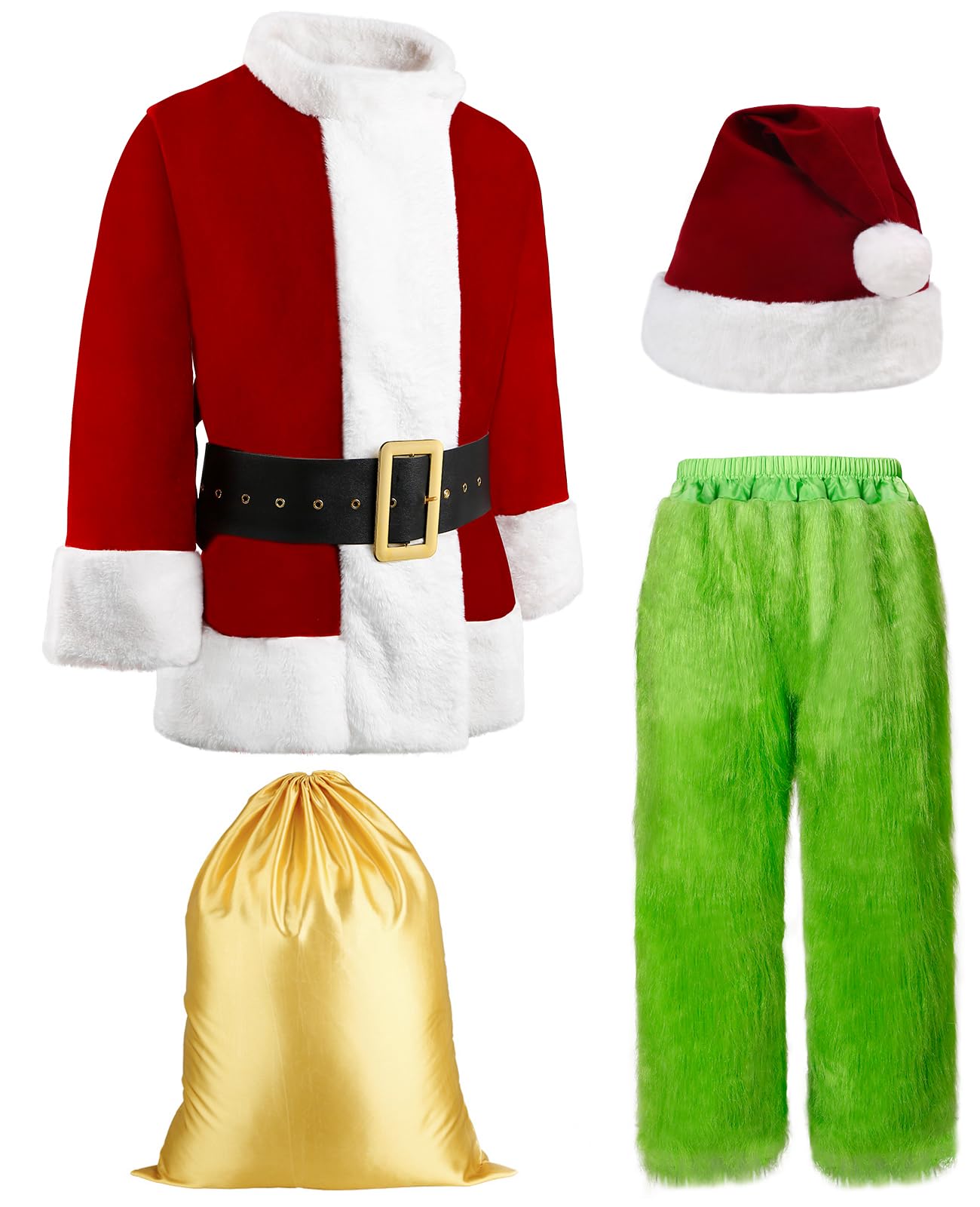 Green Christmas Costume for Men Halloween Costumes Adult Santa Costume 8PCS Deluxe Funny Cosplay Outfit