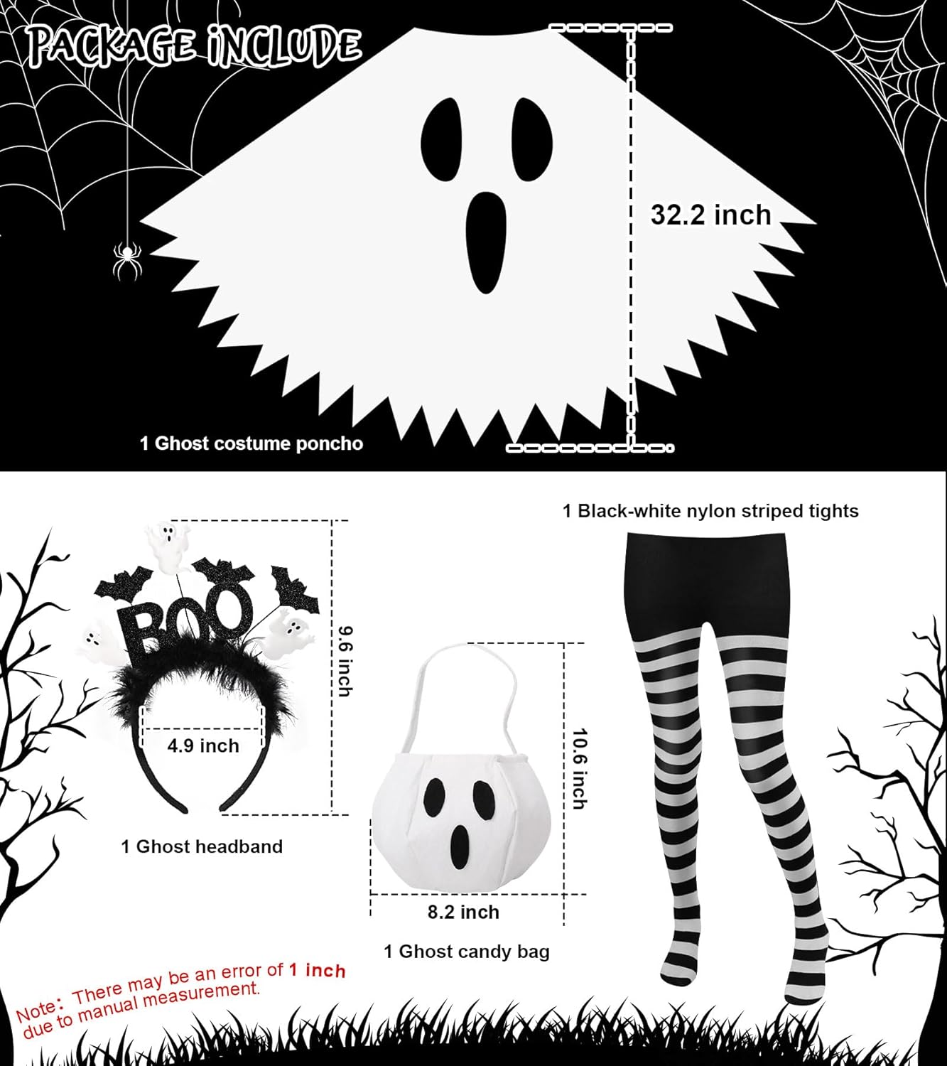 4 Pcs Ghost Costume Adult with Accessories,Ghost Costume Women Poncho/Bag/Headband/Tights Halloween Cosplay