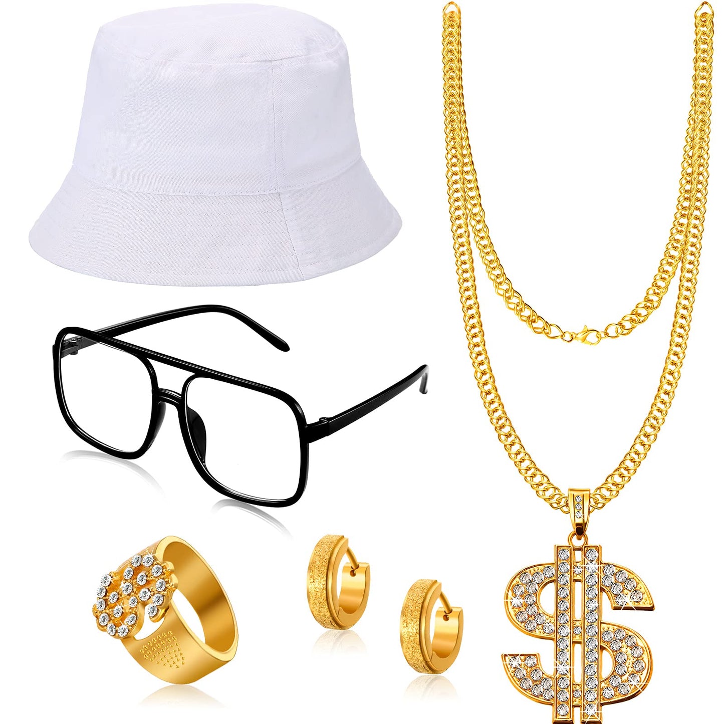 SATINIOR 80s 90s Hip Hop Costume Outfit Kit, 5 Pcs Dollar Chain Necklace Ring Bucket Hat Glasses Earring for Rapper Men Women