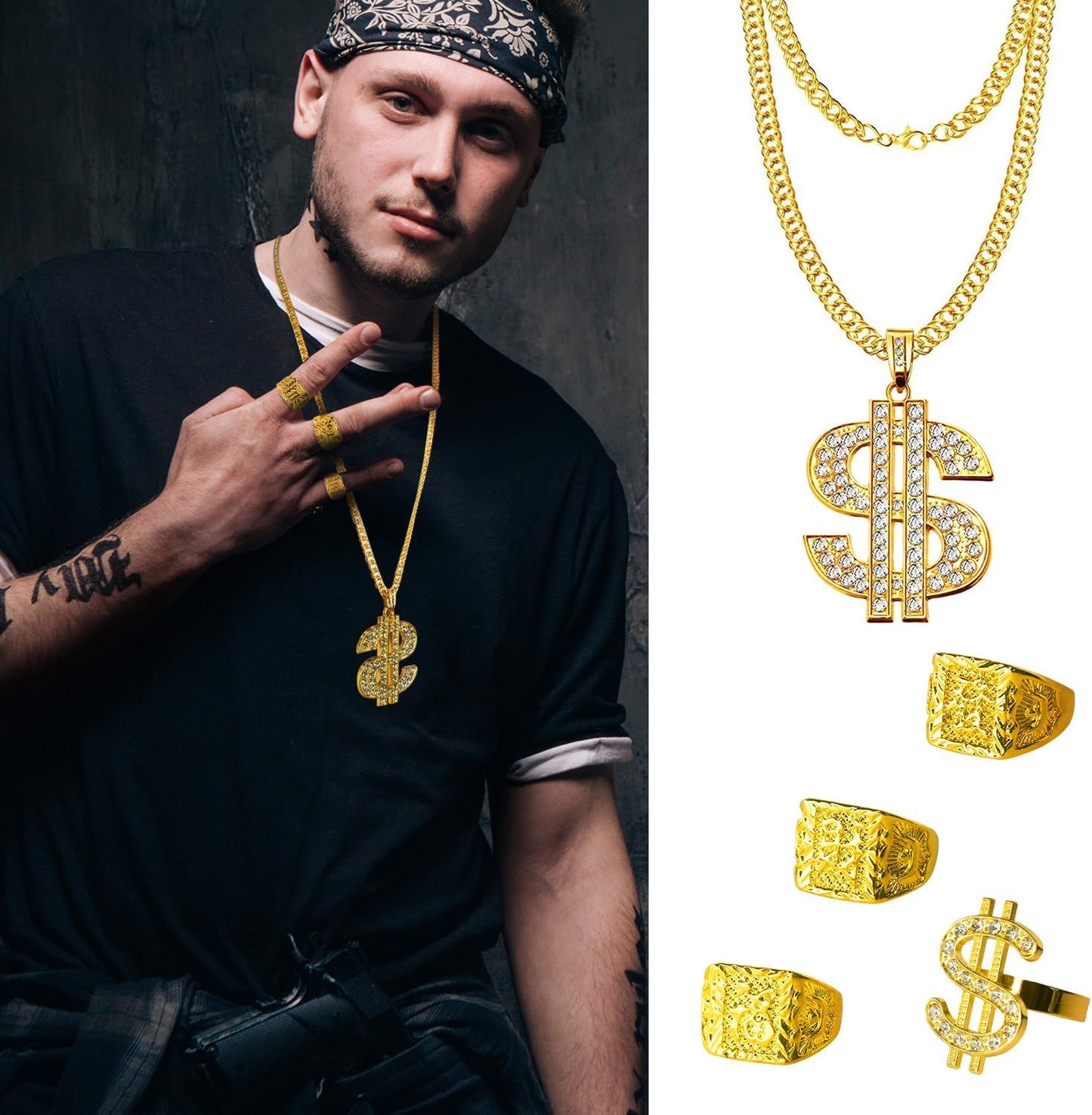Hip Hop Costume Kit 80s 90s Rapper Accessories, Outfits for Men Women Cosplay Club Old School Themed Party Supplies