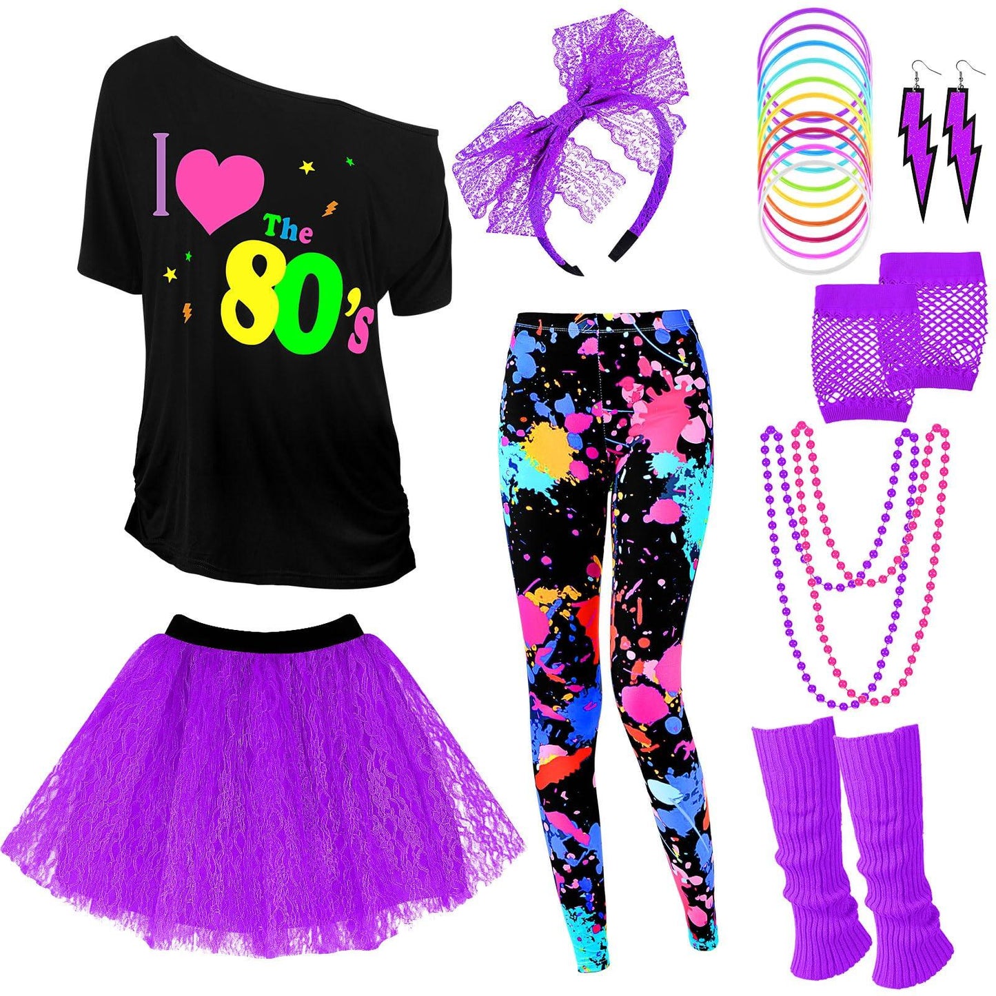 Vabean 19 Pcs 80s Costume Set T Shirt Leggings Tutu Skirt Headband Necklace Bracelets Earrings Gloves Leg Warmers for Women