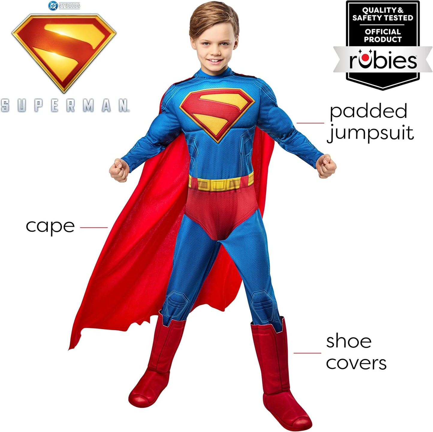 Rubies Superman Deluxe Kids Boys Costume Jumpsuit with Shoe Covers and Cape