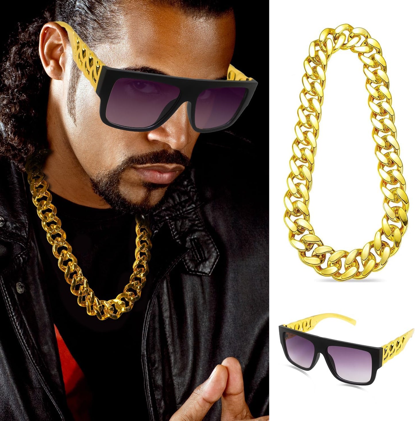 Hip Hop Costume Kit 80s 90s Rapper Accessories, Outfits for Men Women Cosplay Club Old School Themed Party Supplies