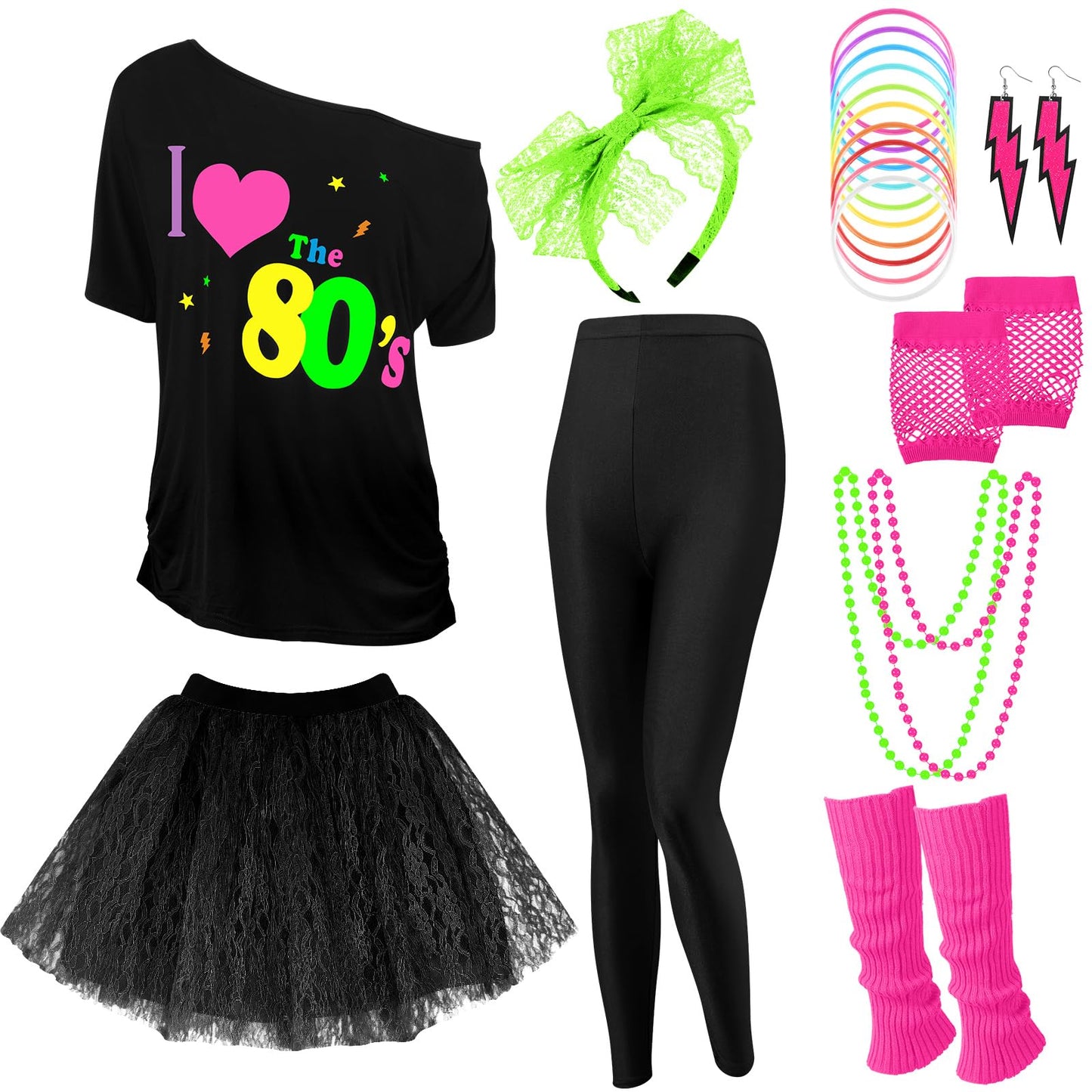 Vabean 19 Pcs 80s Costume Set T Shirt Leggings Tutu Skirt Headband Necklace Bracelets Earrings Gloves Leg Warmers for Women