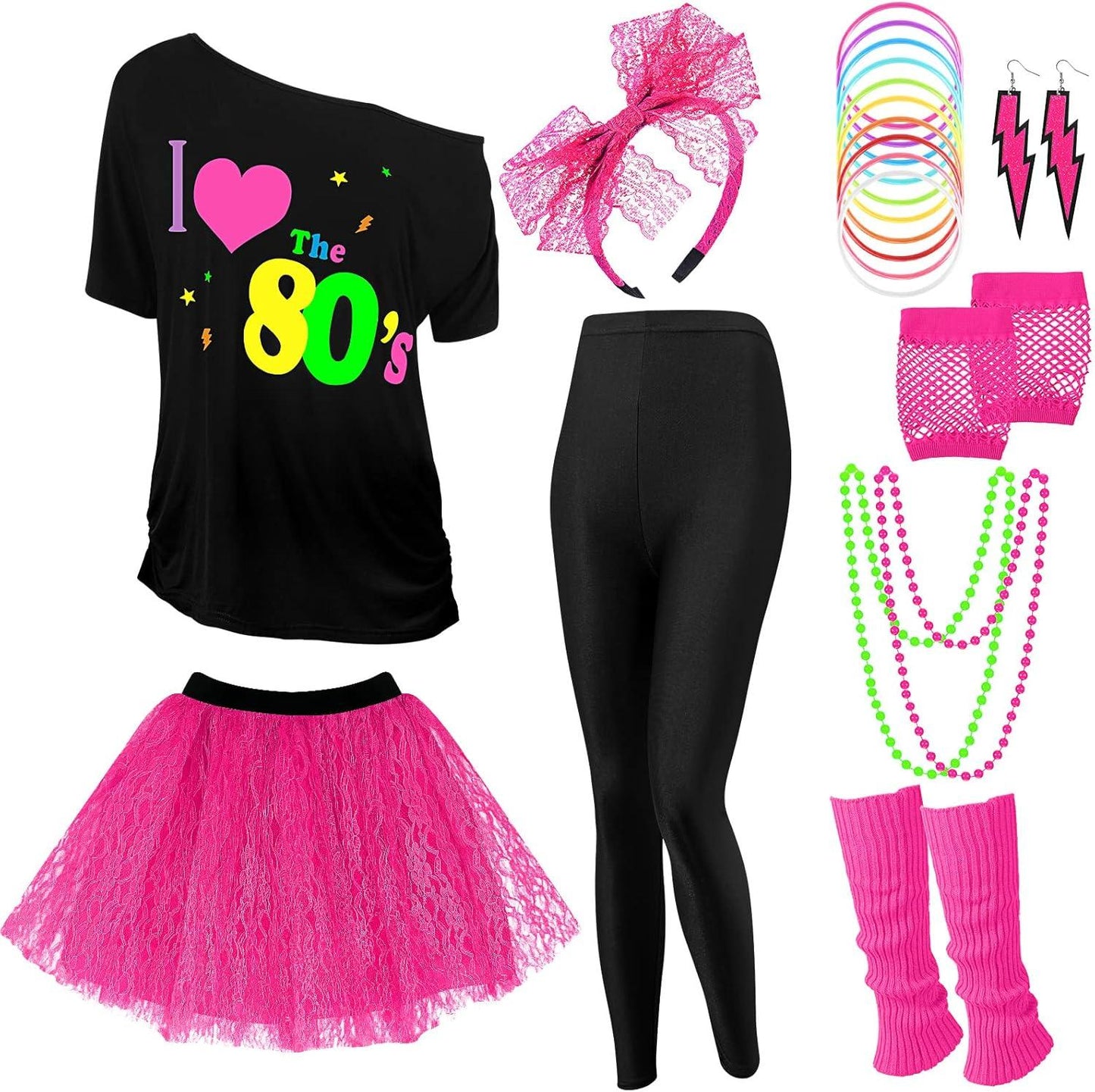 Vabean 19 Pcs 80s Costume Set T Shirt Leggings Tutu Skirt Headband Necklace Bracelets Earrings Gloves Leg Warmers for Women