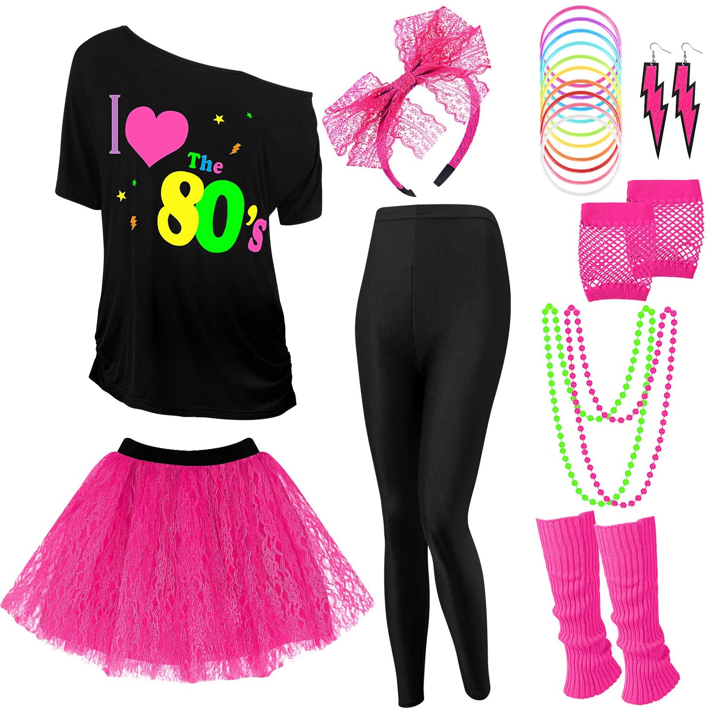 Vabean 19 Pcs 80s Costume Set T Shirt Leggings Tutu Skirt Headband Necklace Bracelets Earrings Gloves Leg Warmers for Women