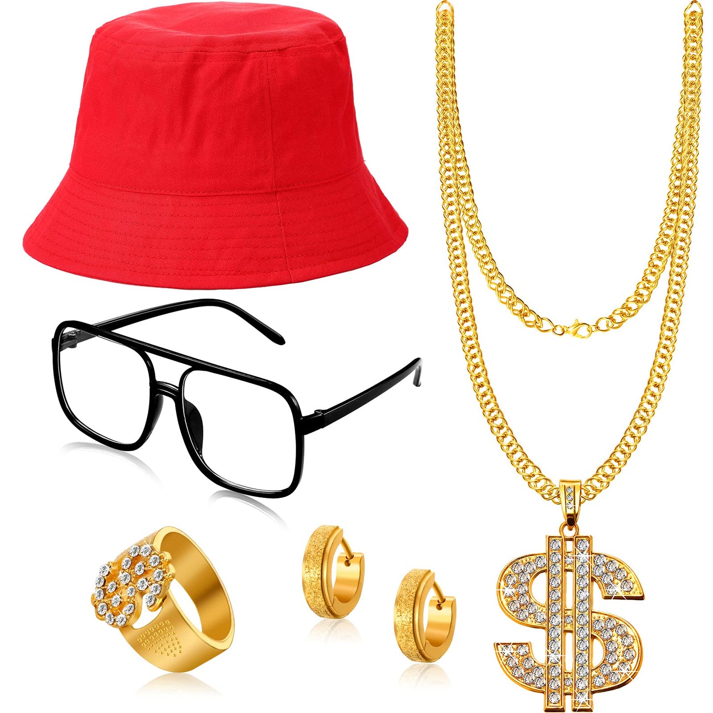 SATINIOR 80s 90s Hip Hop Costume Outfit Kit, 5 Pcs Dollar Chain Necklace Ring Bucket Hat Glasses Earring for Rapper Men Women