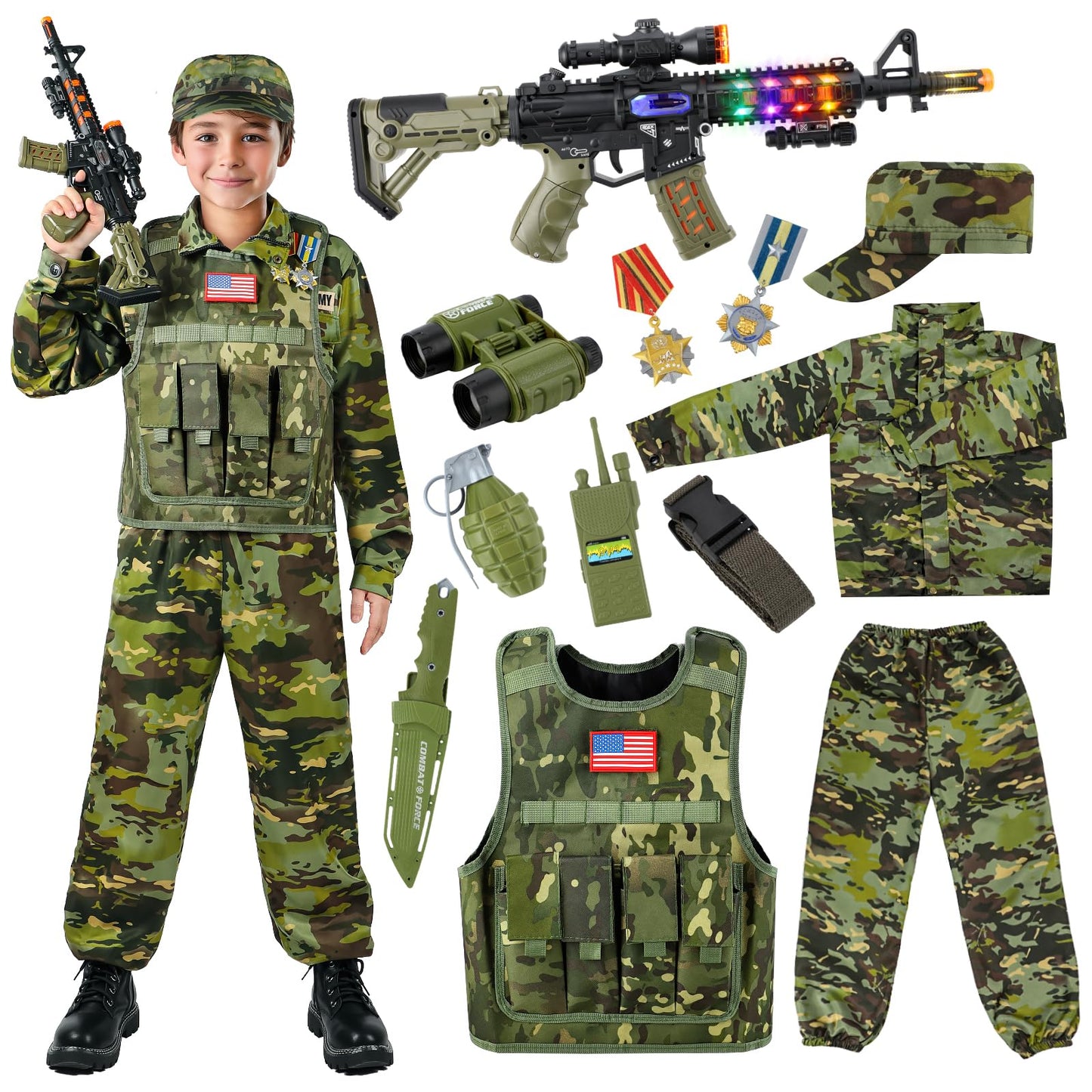 Kids Army Costume for Boys, Military Soldier Costume with Army Toys, Boys Halloween Costume with Vest Solider Boy