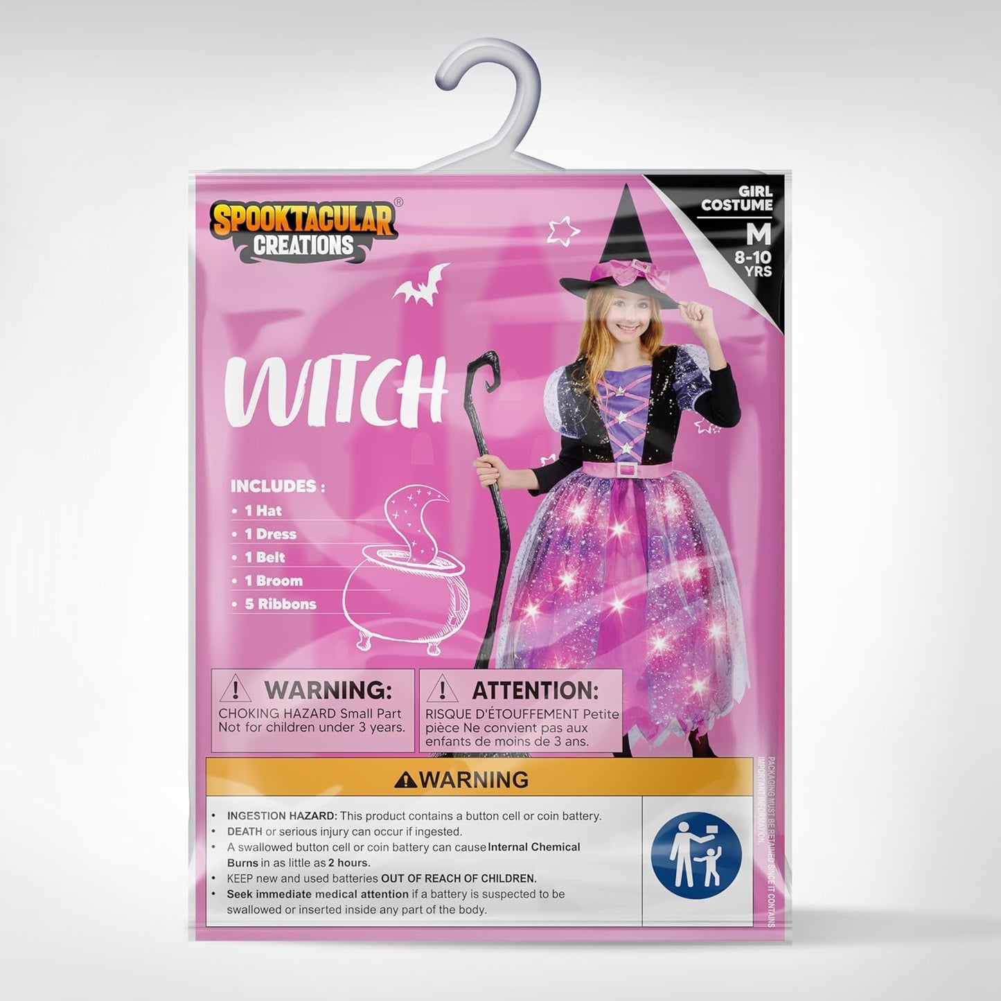 Spooktacular Creations Witch Costume Kids, Light Up Halloween Costumes Witch Dress with Hat and Broom for Girls, Sweet Wizard Set for Toddler Scary Halloween Themed Parties, Pink, S