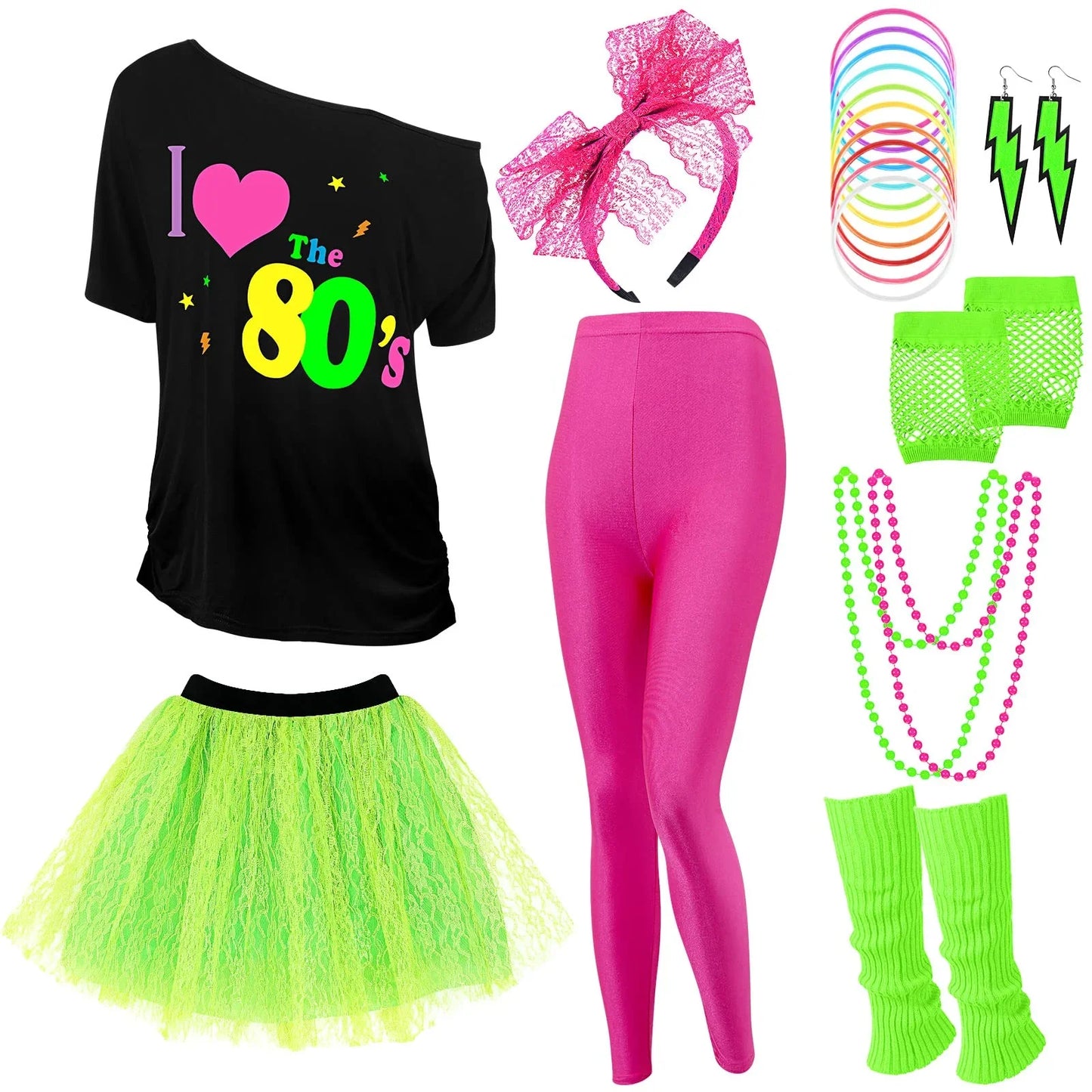 Vabean 19 Pcs 80s Costume Set T Shirt Leggings Tutu Skirt Headband Necklace Bracelets Earrings Gloves Leg Warmers for Women